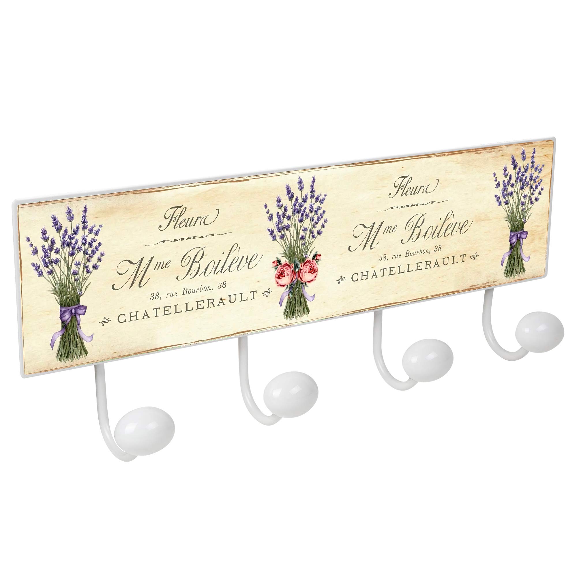 PERCHA pared metal diseño Retro Vintage decoración Jardín RAMO LAVANDA con 4 GANCHOS porcelana