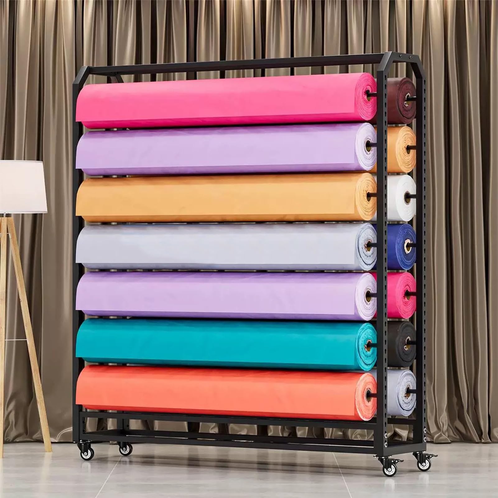 Generico Espositore Metallico Regolabile con Ruote, Carrello Porta Rotoli di Tessuto di Grandi Dimensioni per pellicole viniliche, Carta da Parati e pellicole per vetri Auto, 14 aste, 175 cm - Soluzi