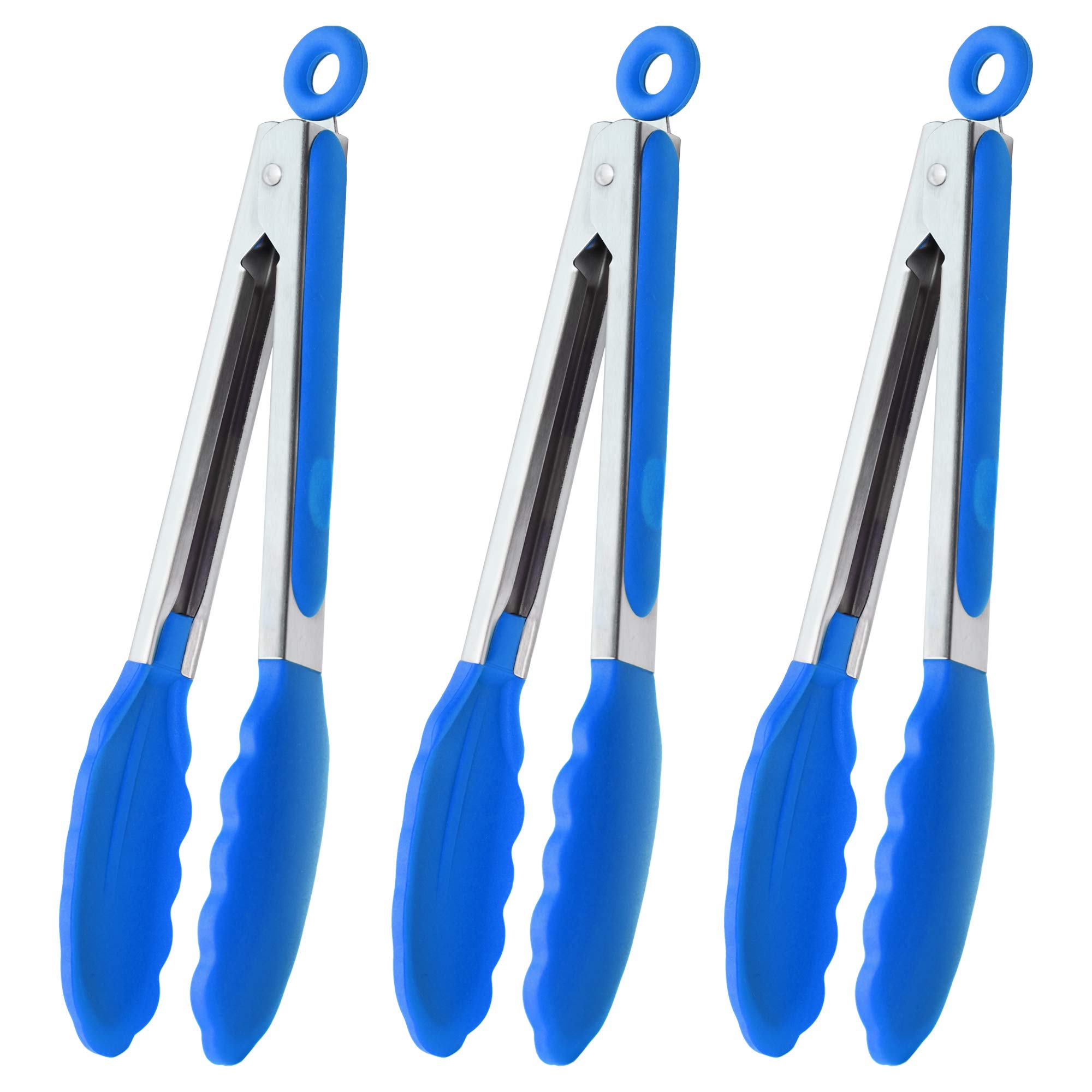 HINMAY 9-Inch Cooking Tongs with Silicone Tips, Set of 3 (Blue)