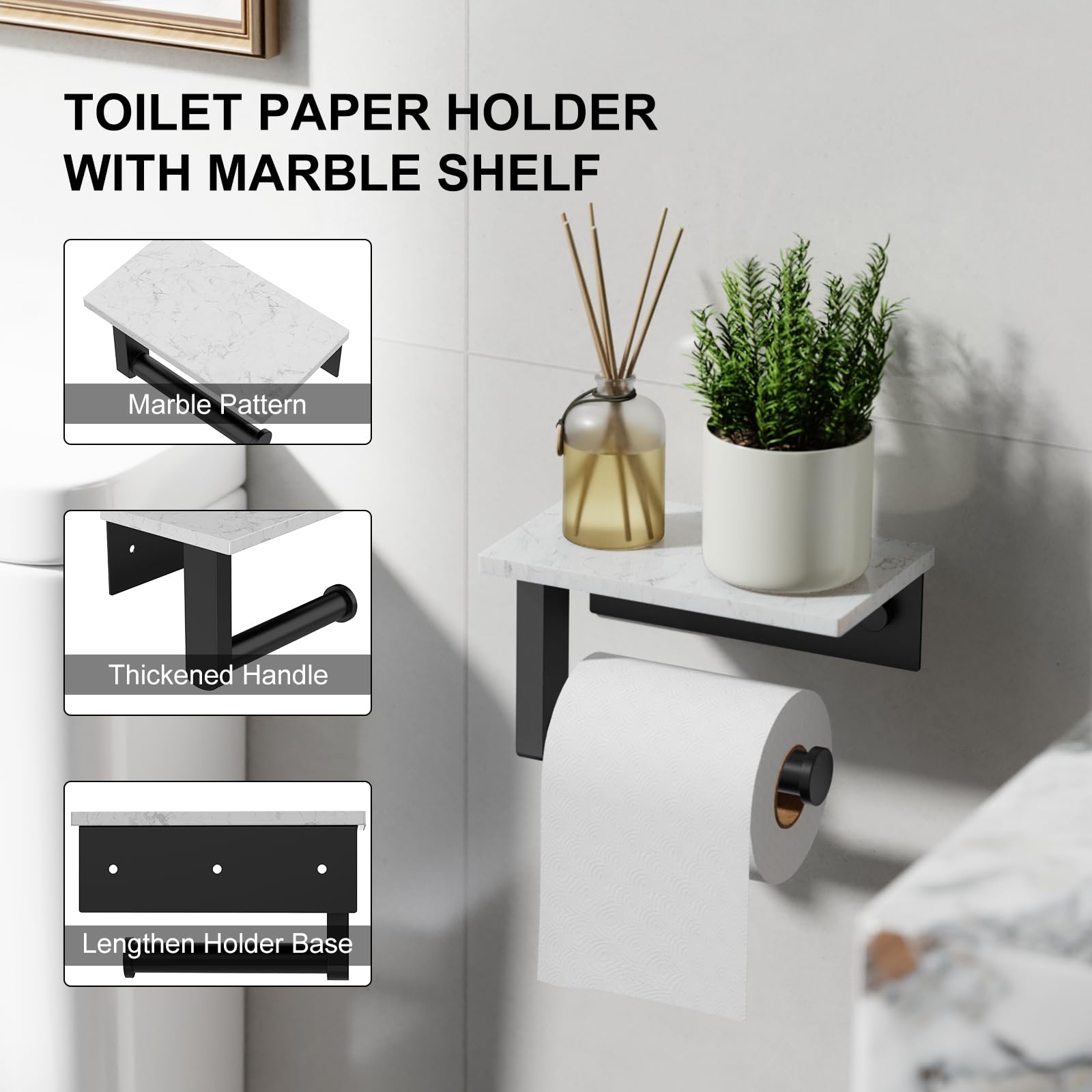 Matte Black Toilet Paper Holder with Marble Shelf Tissue Roll Holder — Amazon image 5