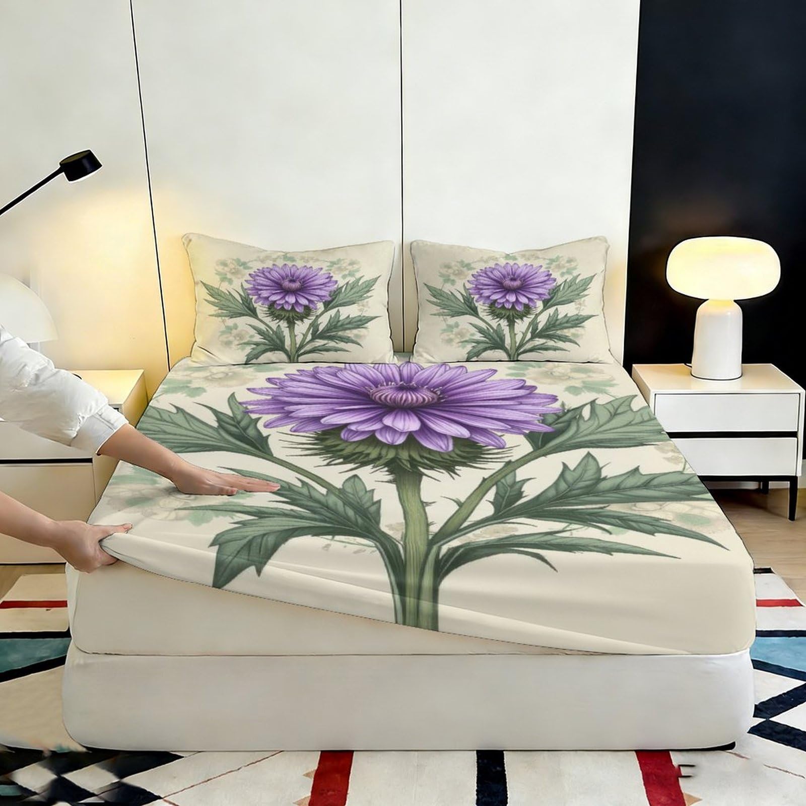 3D Printed Distel Fitted Sheet, Microfaser Bettbezug, rutschfest Heimtextil