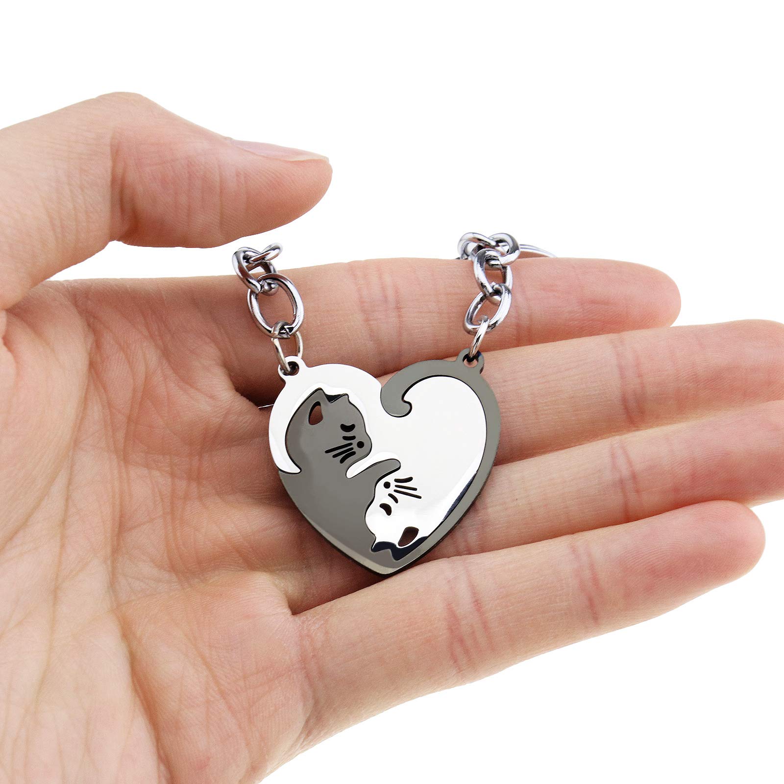 1 par de llaveros/collares de acero inoxidable pareja gatos en forma de corazón rompecabezas colgante conjunto a juego, Negro-Plata 6