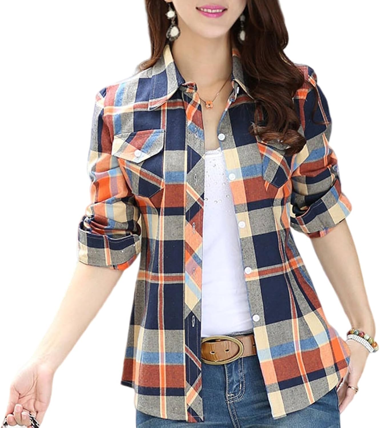 Women's Plaid Button Down Cotton Shirts Casual Long Sleeve Flannel Shirt Tops with Pocket
