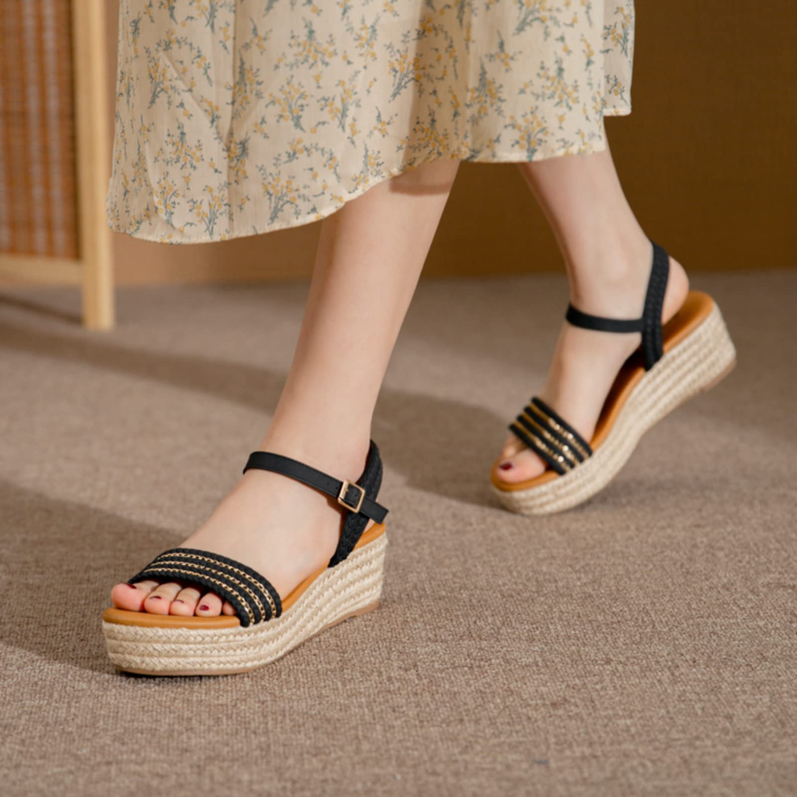 Micoklinlin Espadryle sandały dla kobiet na lato, koturnie, sandały na platformie, otwarte palce, koturny, niski obcas, buty dla dziewczynek, Czarne łańcuszki, 39 eu