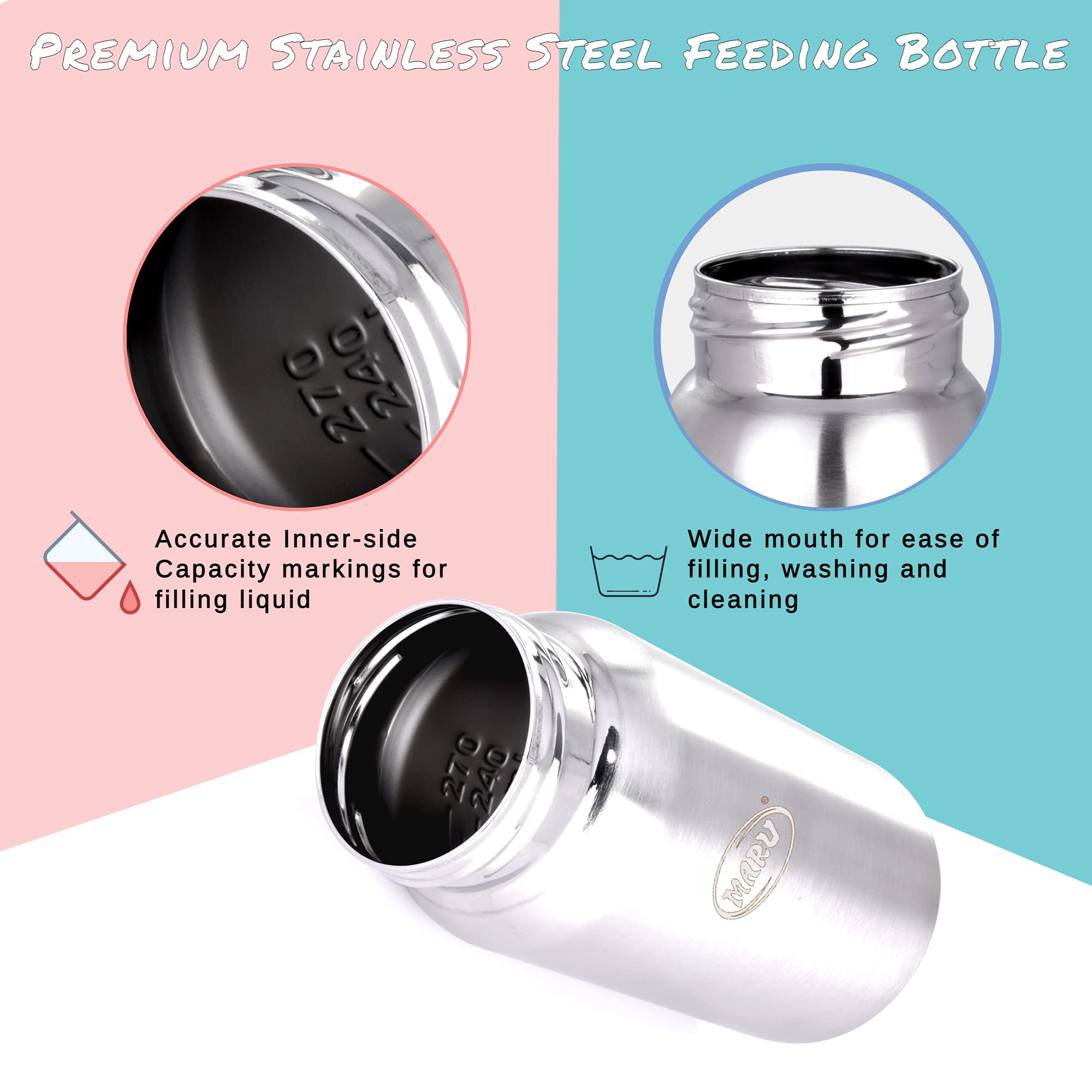 MARU 3 in 1 Baby Feeding Bottle Steel | Baby Milk Bottle Steel Multifunctional Baby Bottle -Sipper, Nipple, Travel Lid, Straw with Cleaning Brush 350 ML (for 3+ Months Baby) (Blue, 350ml) - Image 6 thumbnail