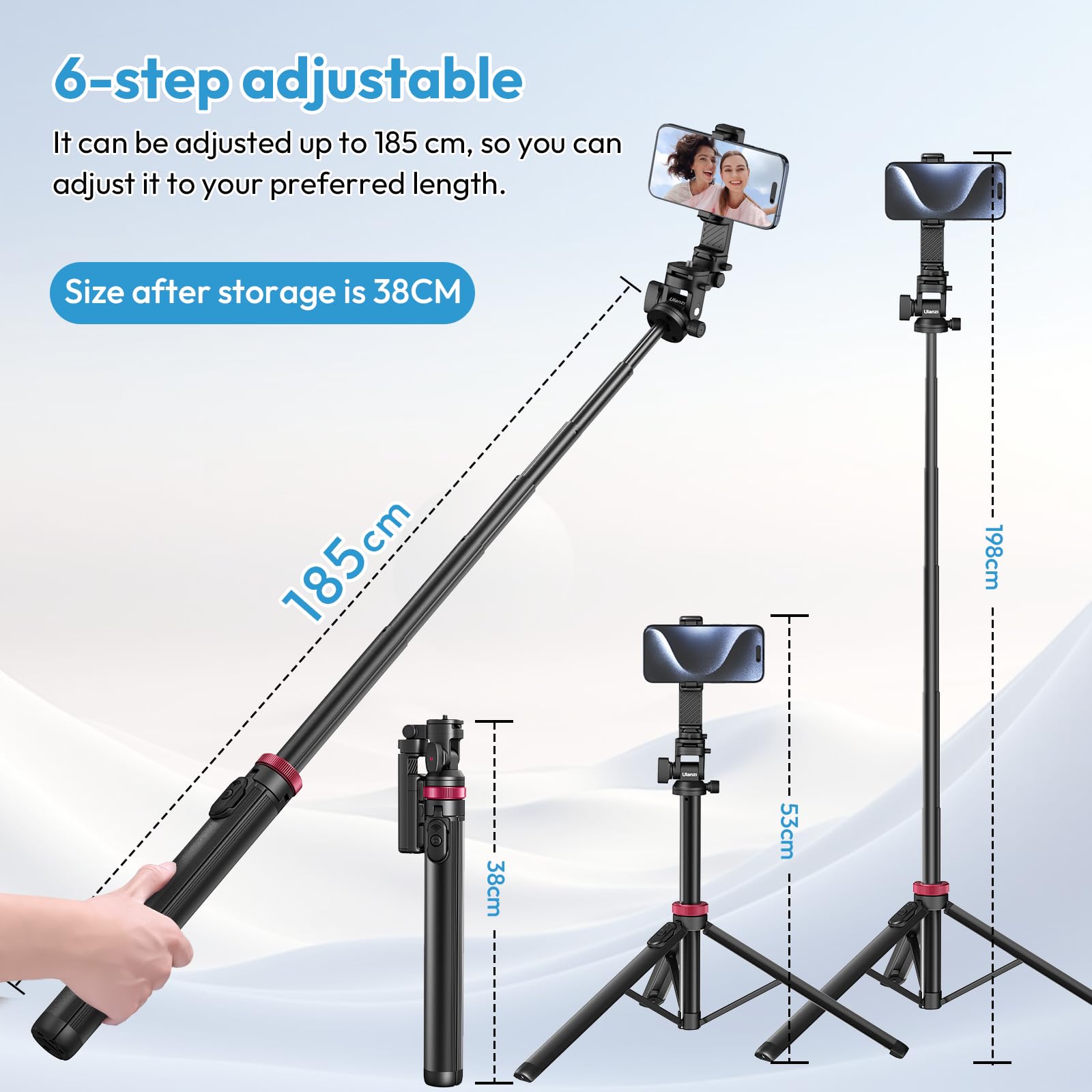 ULANZI MT-78 185 cm Statyw Aparatu Telefonu Komórkowego Wysuwany Kijek Selfie Stojak Trójnóg do Aparatu Telefonicznego Klipsem do Telefonu, kulową 360° i do Sony, Canon, iPhone 16