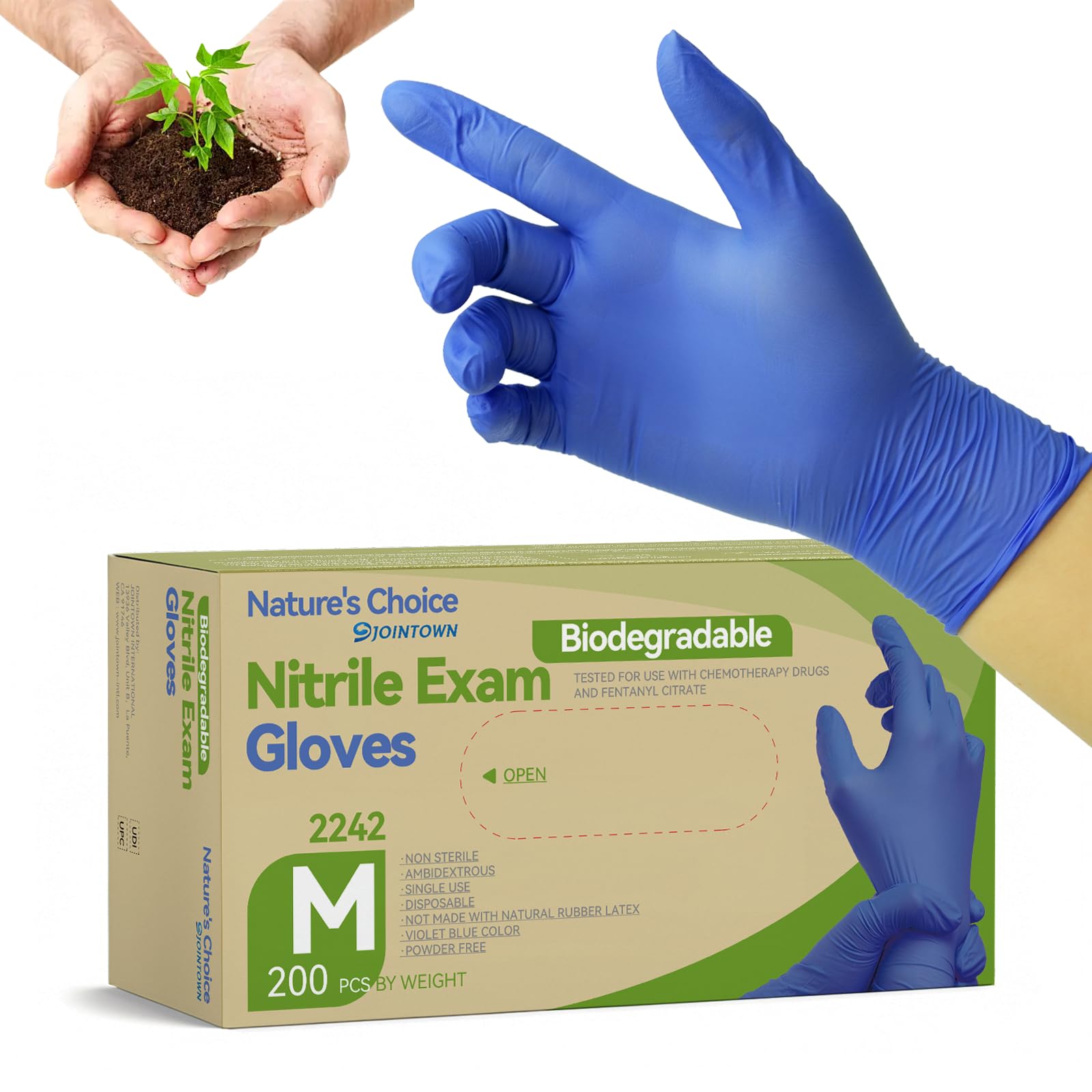 Jointown 200 guantes biodegradables de nitrilo ecológicos de 3,5 mil, sin polvo y sin látex, mango texturizado, aptos para uso alimentario, guantes desechables para uso intensivo
