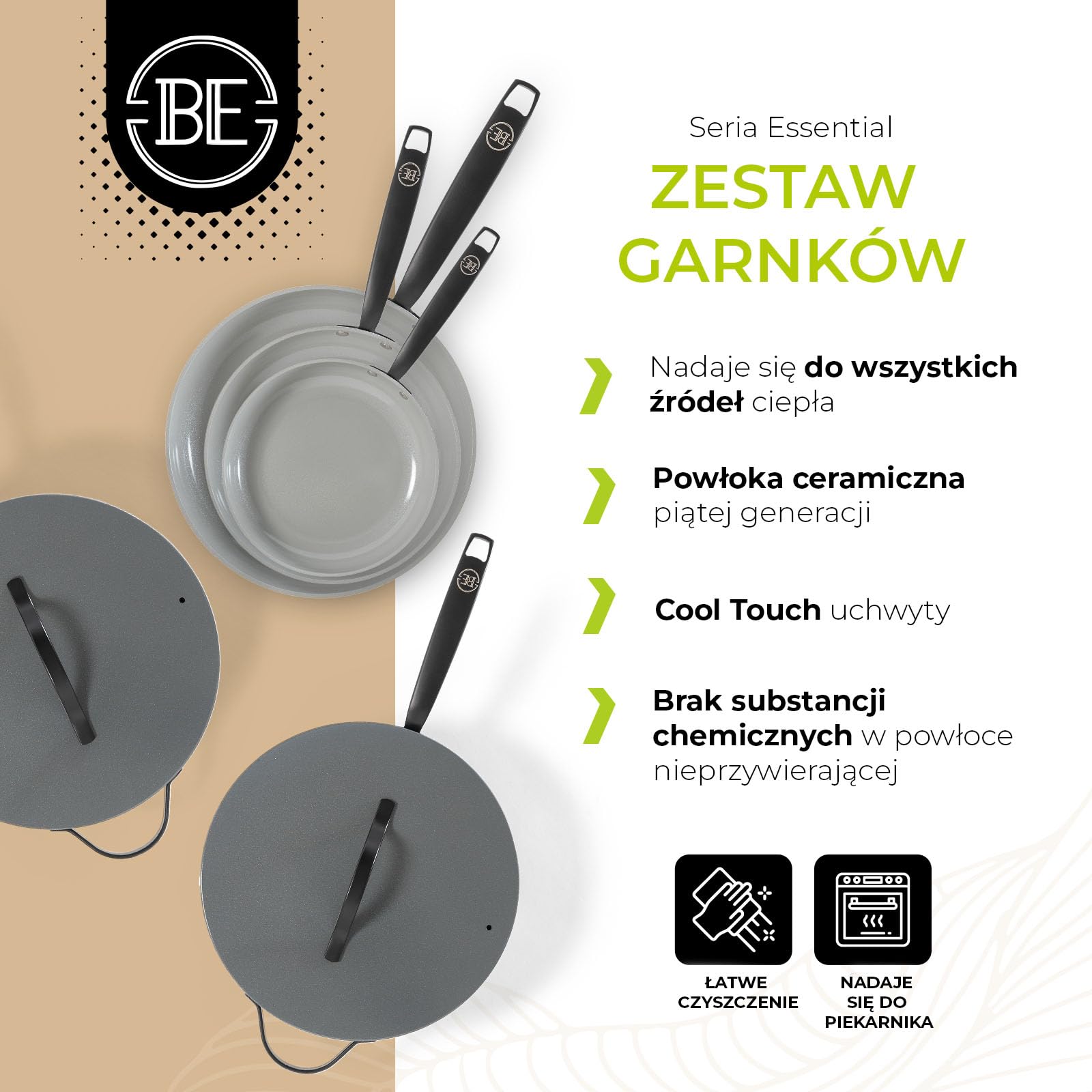 BE Living Essential 5-częściowy zestaw garnków, Ø 20, 24 i 28 cm patelnia do smażenia + Ø 30 cm patelnia do gotowania + Ø 28 cm, zestaw patelni, ceramiczne, bez PFAS, indukcja, szary
