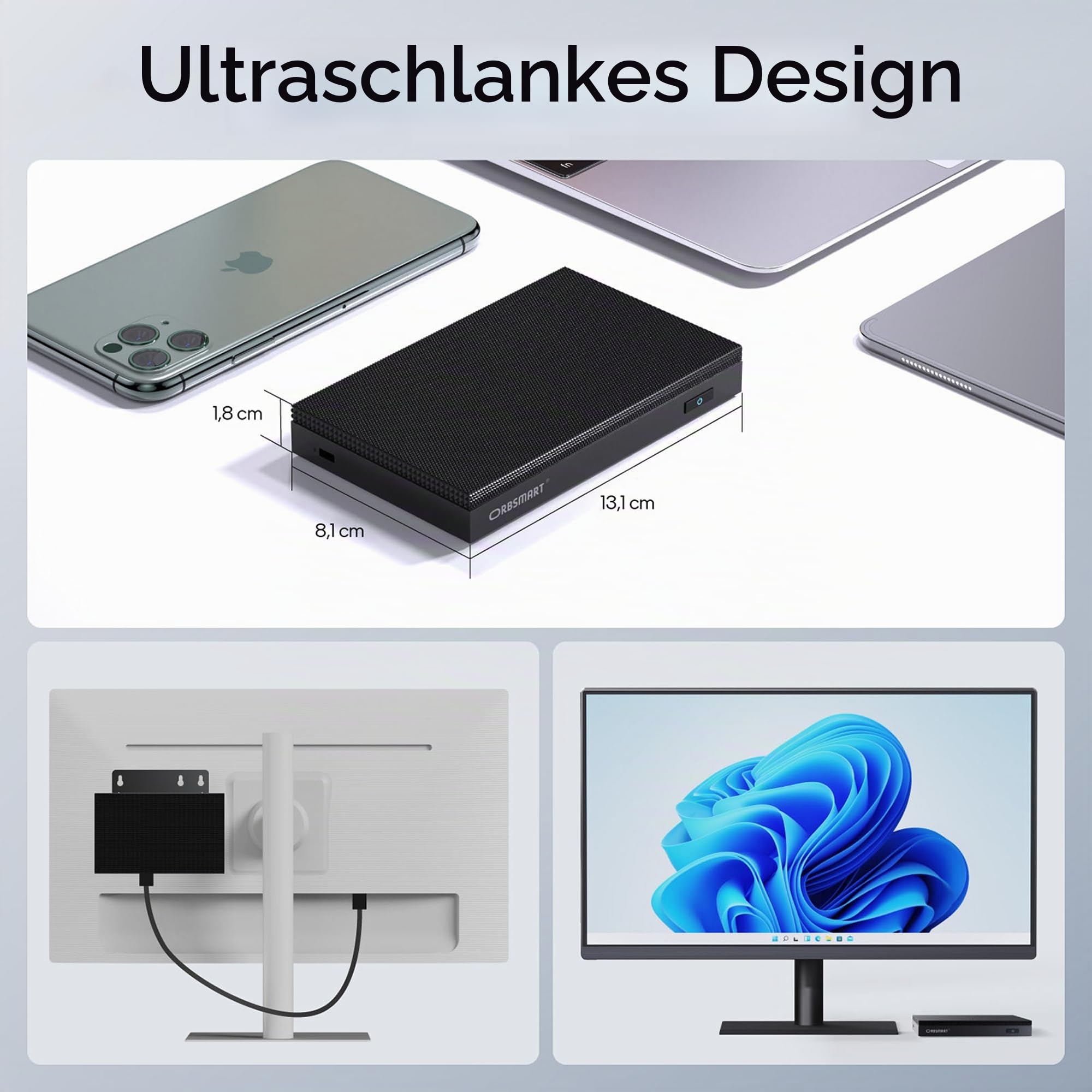 Orbsmart AW-15L Mini-PC Win11 Pro Desktop-PC | Computer | Micro-PC | lüfterlos | stromsparend (Intel N100 CPU, 16GB RAM, 512GB SSD, USB-C, WiFi 6) - Deutscher Hersteller