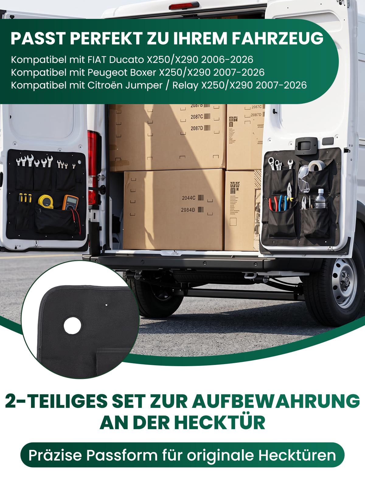2er Set Aufbewahrungsorganizer Kompatibel mit Fiat Ducato Peugeot Boxer Citroen Jumper Relais X250 X290 Scheunentor Hecktür Taschen Auto Camping Zubehör Werkzeugtasche 600D Oxford Gewebe