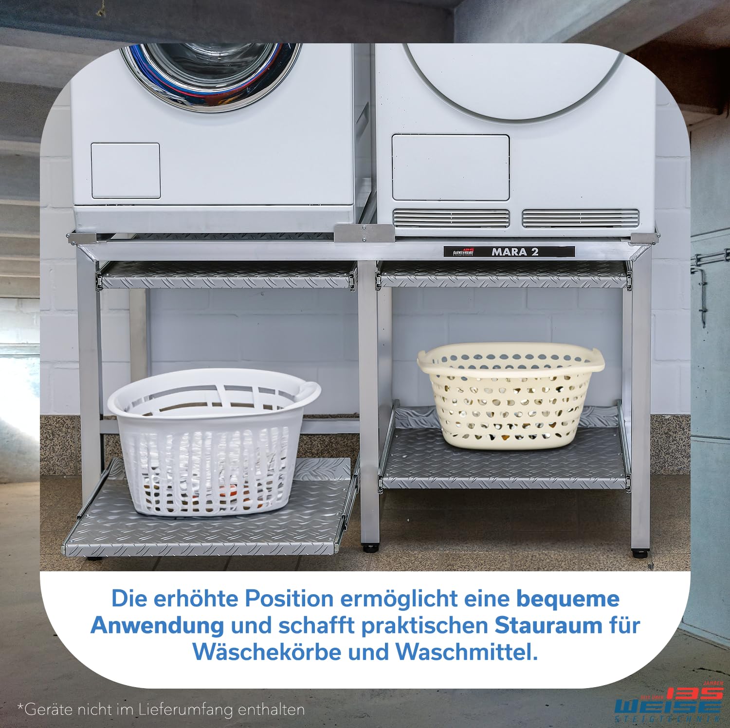 Weise MARA 2 Untergestell für Waschmaschine & Trockner, 70 cm, mit Auszügen | 6 Beine; bis 1.000 kg Tragkraft; 4 separate Auszüge; für stark schwingende Maschinen