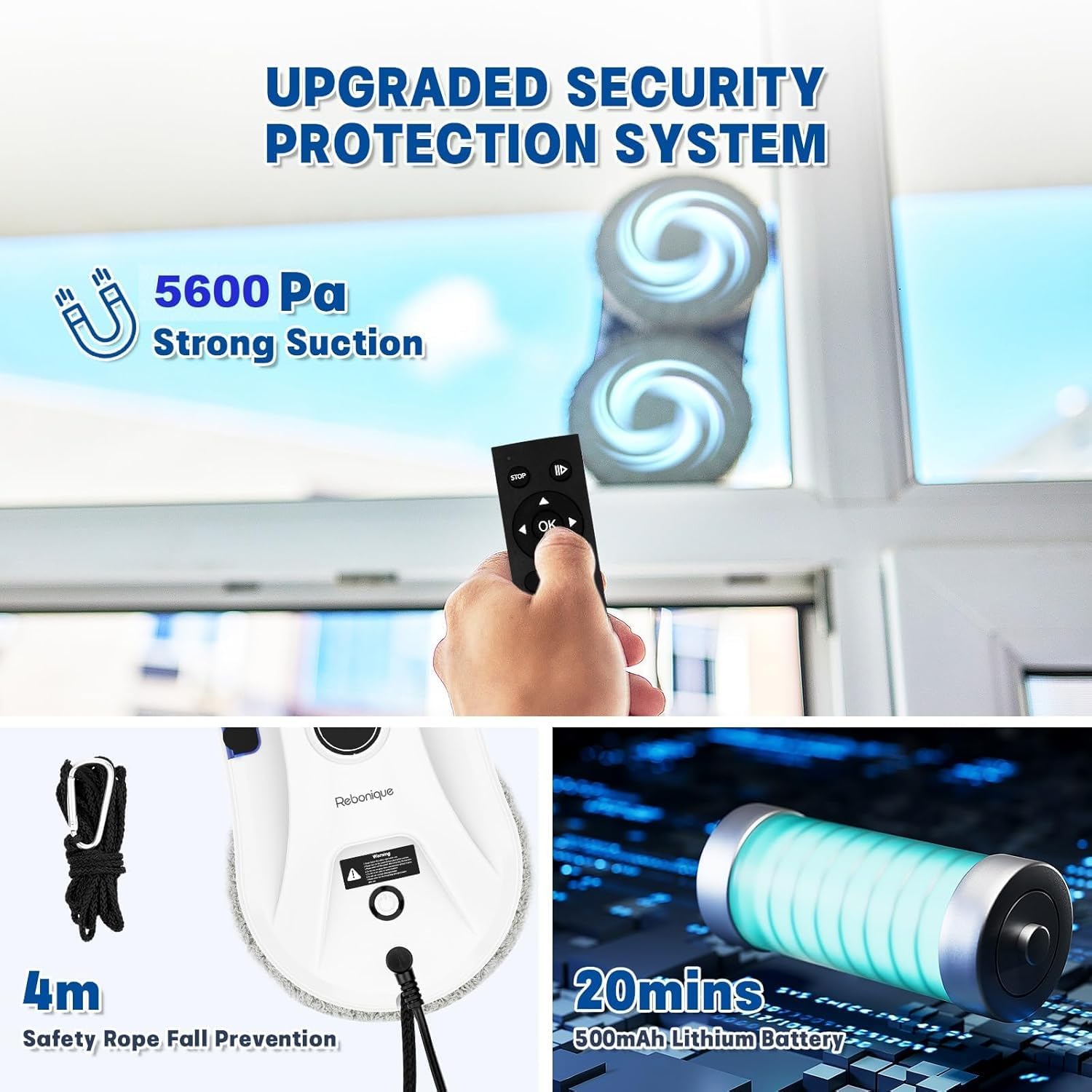 Osmo™ RoboClean Fensterputzroboter, automatischer Fensterreinigungsroboter mit starker Saugkraft, Sicherheitsseil, Stromausfallschutz und 3 Reinigungsmodi für Glasflächen