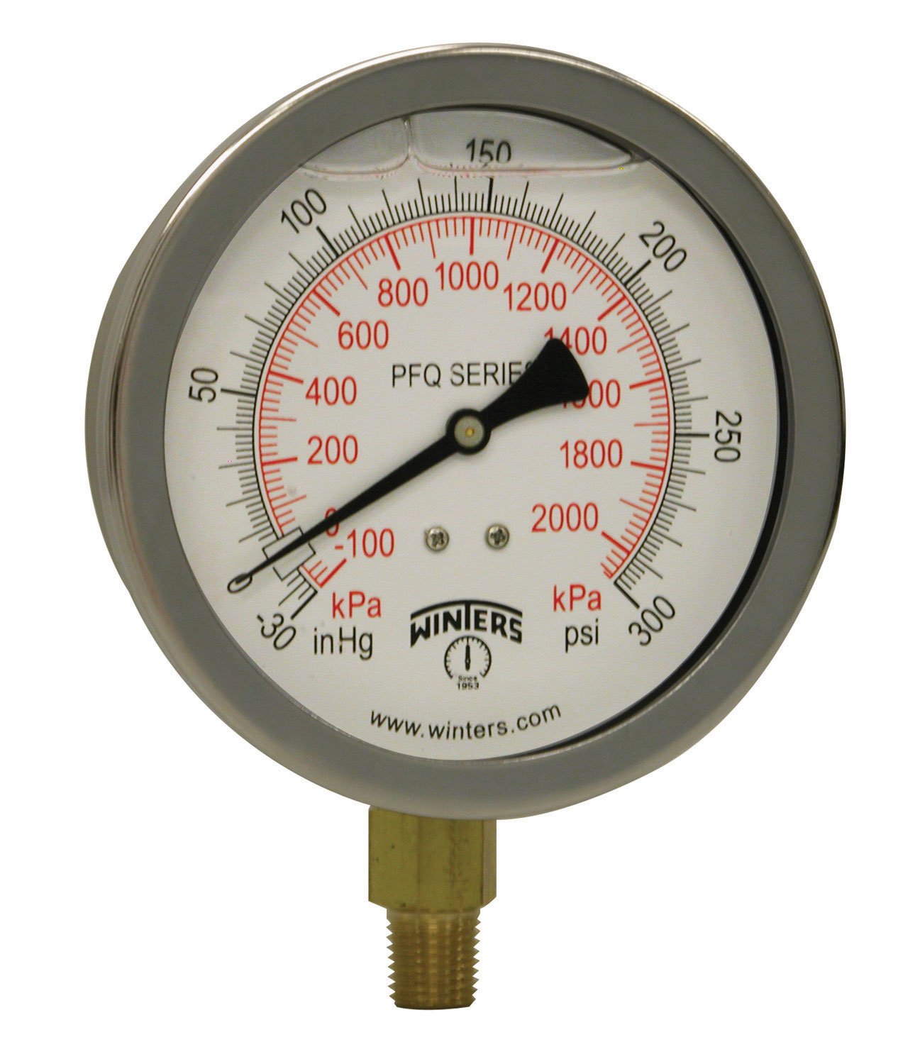 Winters 4" Dial Size, Liquid Filled Industrial Pressure Gauge, Brass Internals, Stainless Steel Case, Dual Scale 30" Hg-0-300 psi/kPa, 1.5% Acc, 1/4"