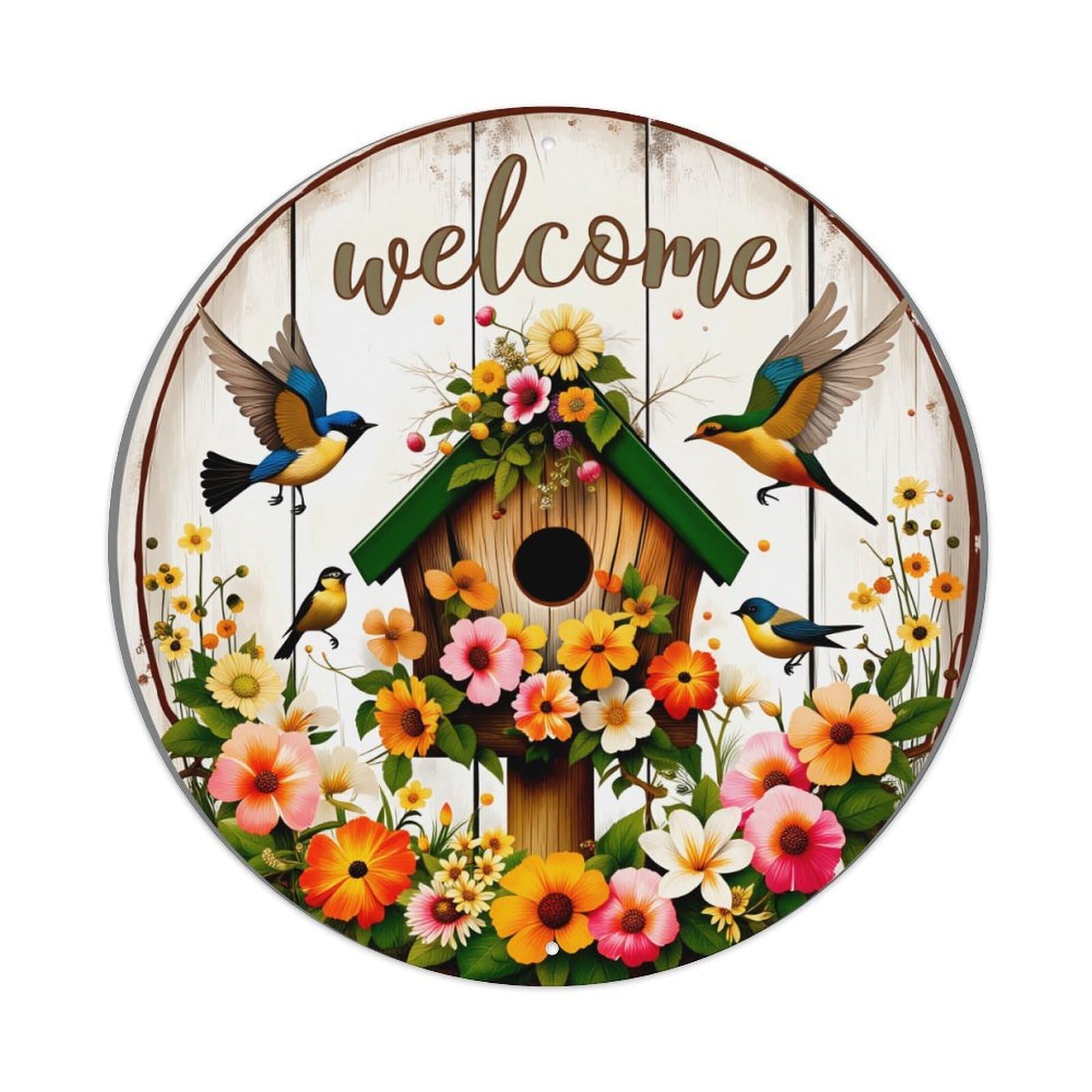Welcome Birds Flowers Nest Garden Round Tin Sign Retro Metal Sign for Cafe Bar Pub Home Game Room Gym Club Wall Decoration Vintage Metal Poster 8x8 Inch
