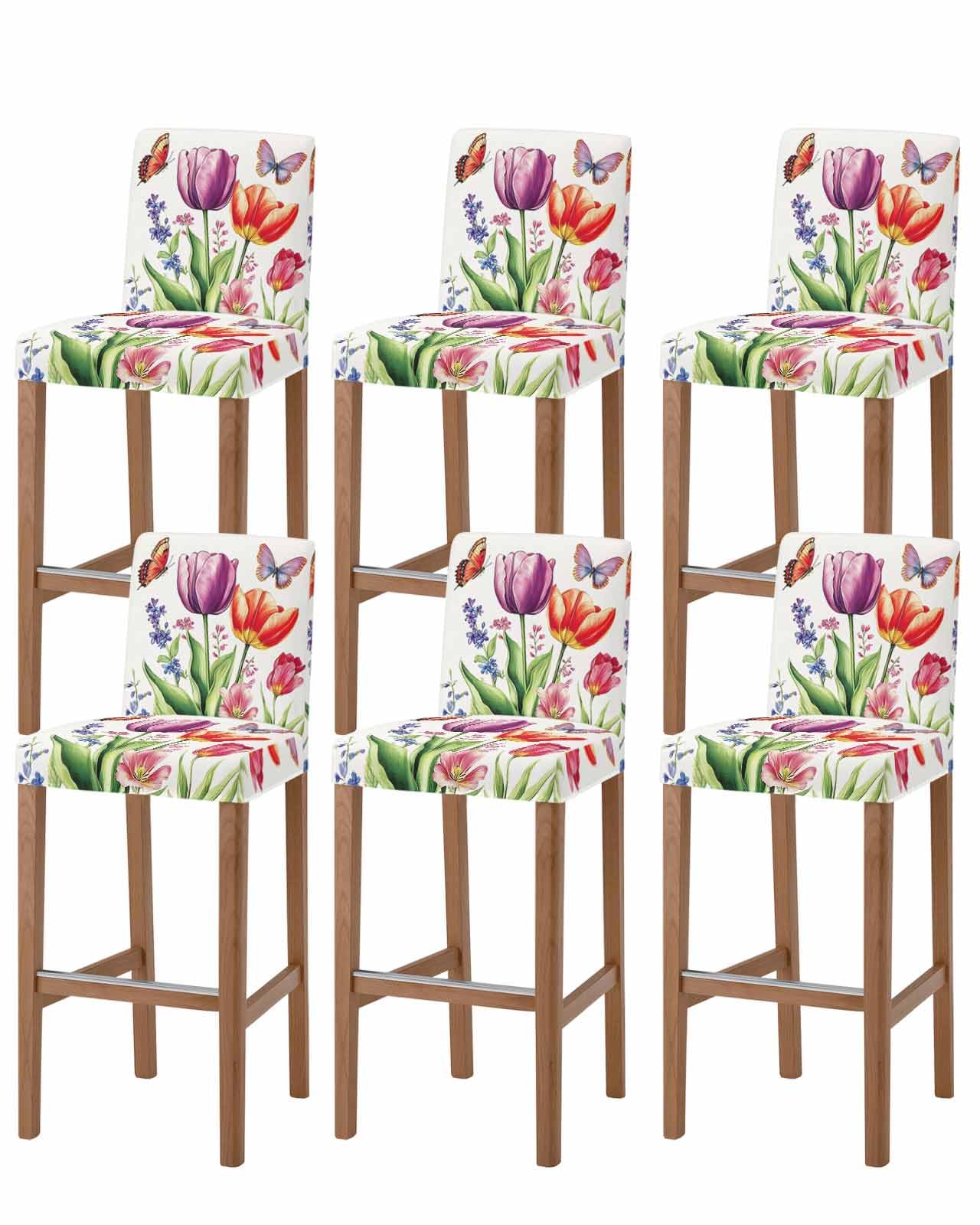 Orange Purple Tulip Bar Stool Cover Set of 6, Lavender Pastel Flower Butterfly Stretch Removable Bar Stool Chair Covers with Backs Pub Counter Stool