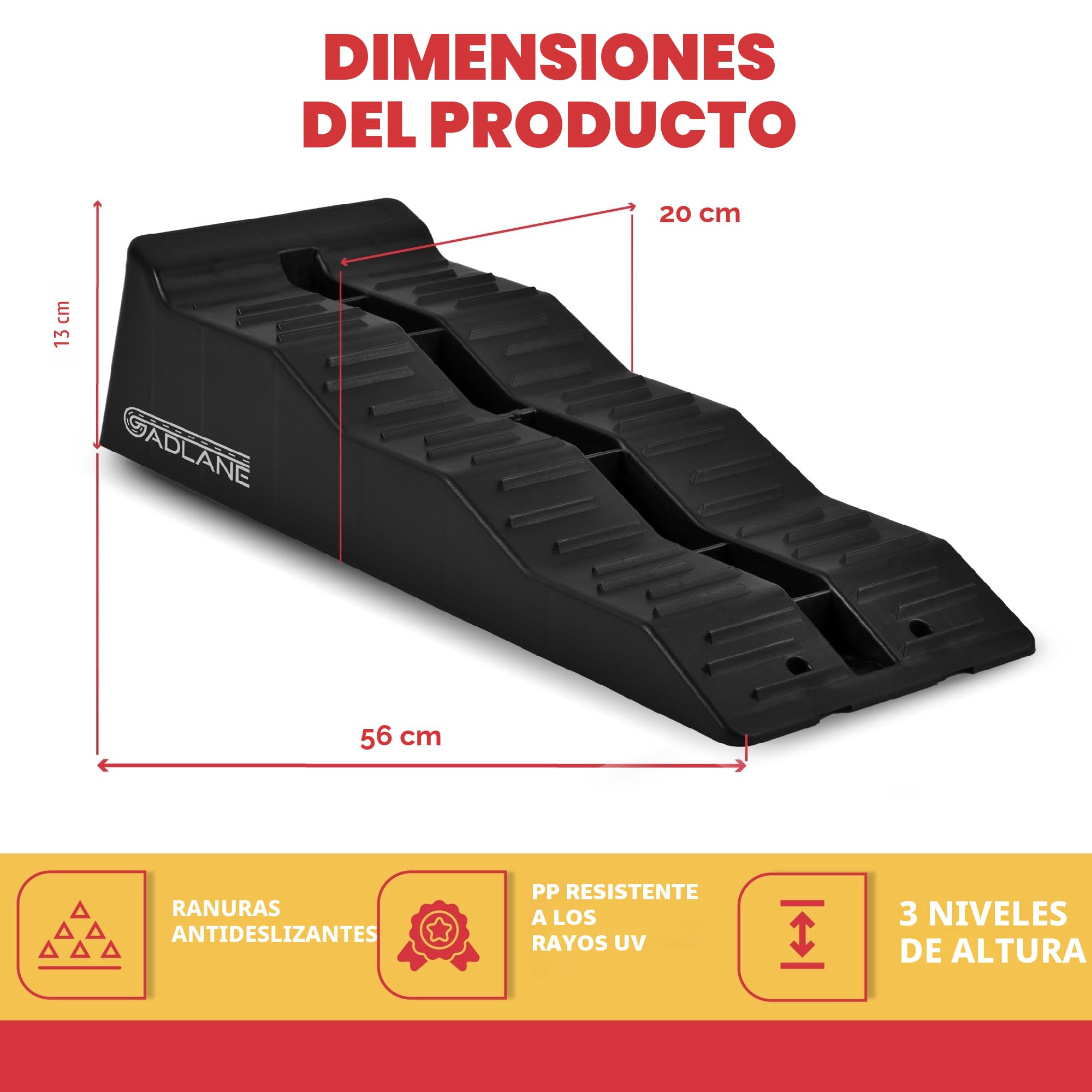 GADLANE Cuñas Niveladoras Autocaravana - 2 PCS Calzos Autocaravana de Alta Resistencia con Ranuras Antideslizantes - para Caravana, Furgonetas Camper y Remolques (Capacidad: 4,5 Toneladas) - Negro