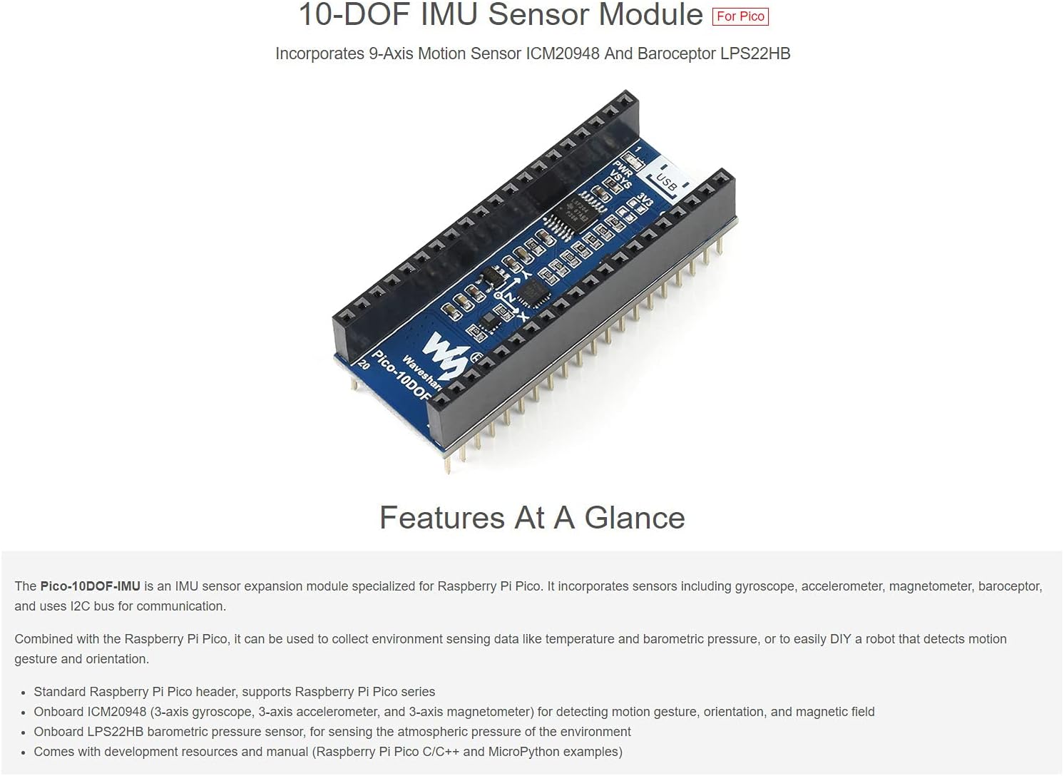 Waveshare 10-DOF IMU Sensor Module For Raspberry Pi Pico Incorporates 9 ...