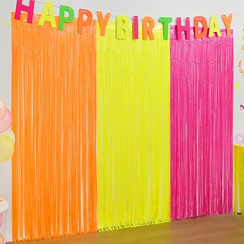 Miniatura 2 de Mega-L - Suministros de fiesta que brillan en la oscuridad, paquete de 3 decoraciones de fiesta de neón de 9.9 x 6.6 pies, cortinas de flecos