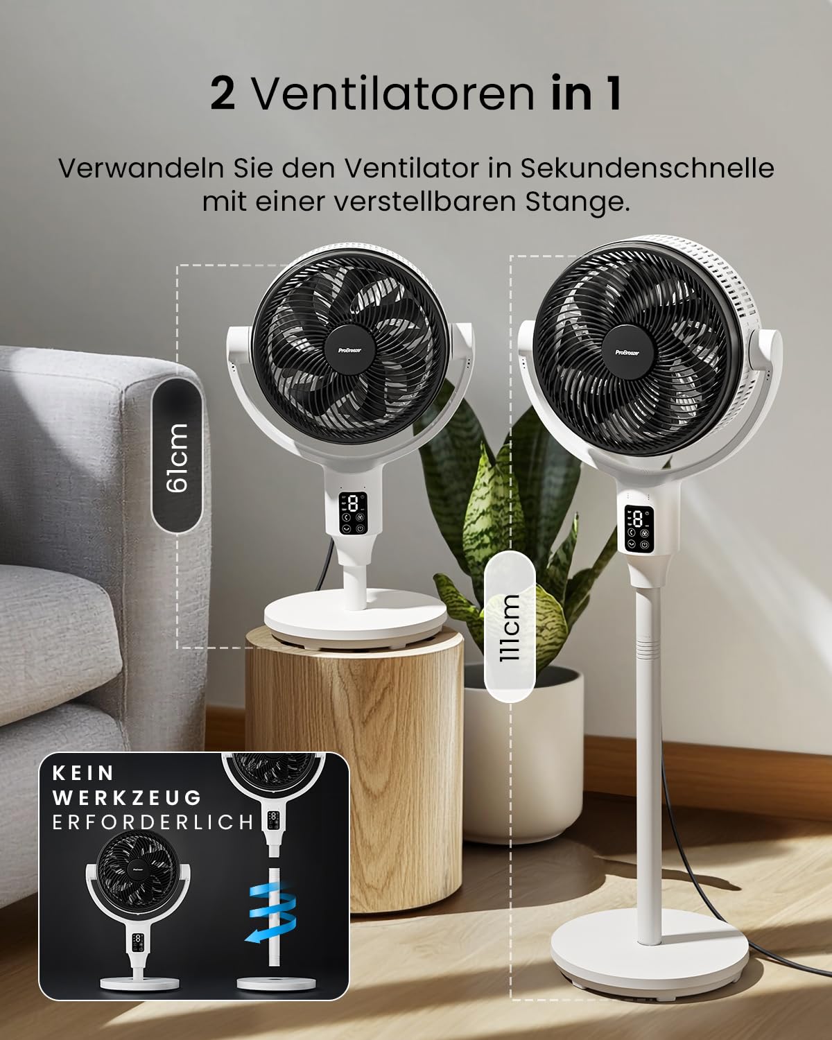 Pro Breeze AirFlo Plus Standventilator 111 cm 75% stärkerer Luftstrom 5 Doppelrotor-Blätter leise 29 dB 2-in-1 Stand- & Tischventilator 85°+135° Vortex-Oszillation Fernbedienung