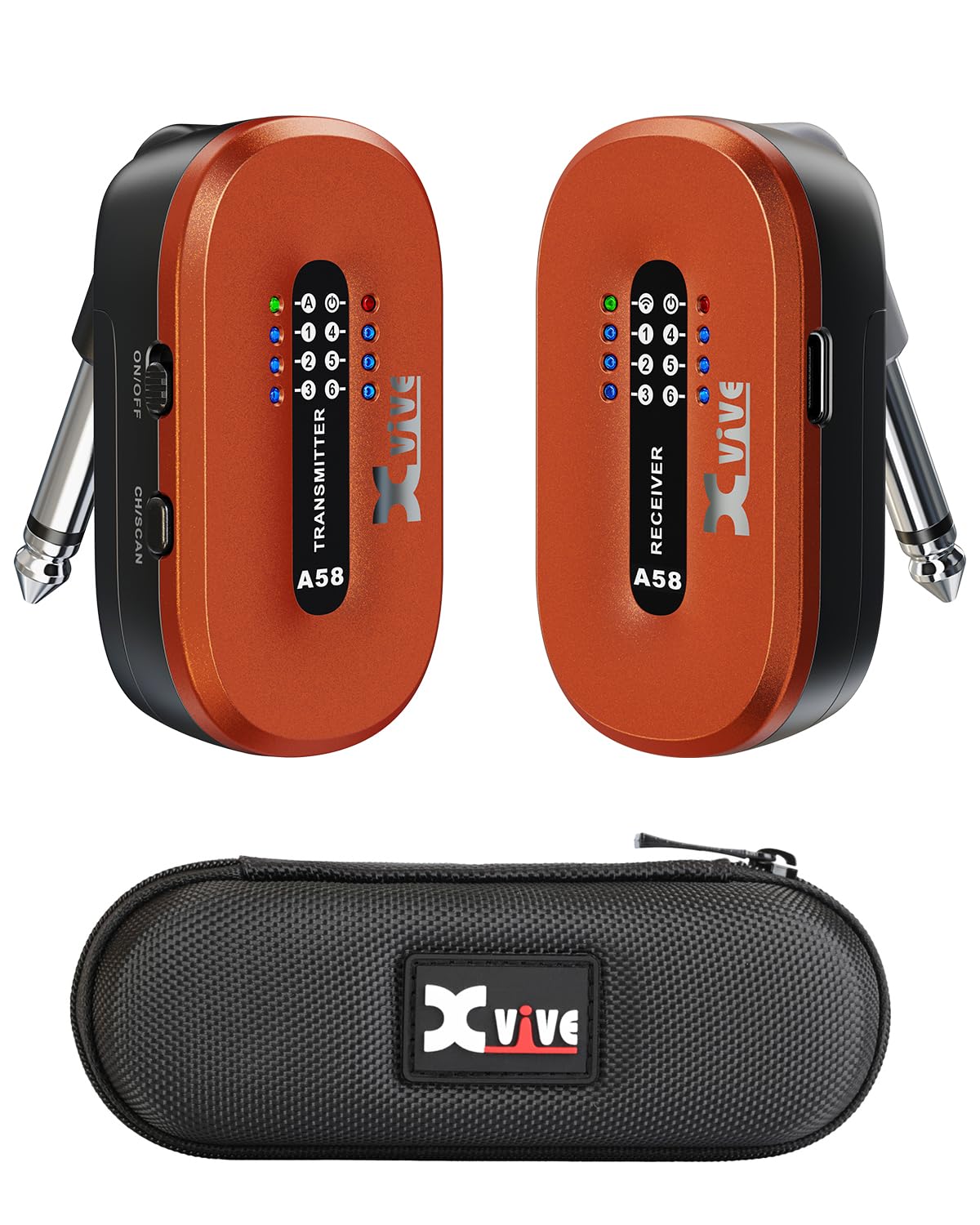 Xvive A58 - Sistema per chitarra wireless da 5,8 GHz, trasmettitore ricevitore per pickup attivo o passivo per basso elettrico/acustico, arancione