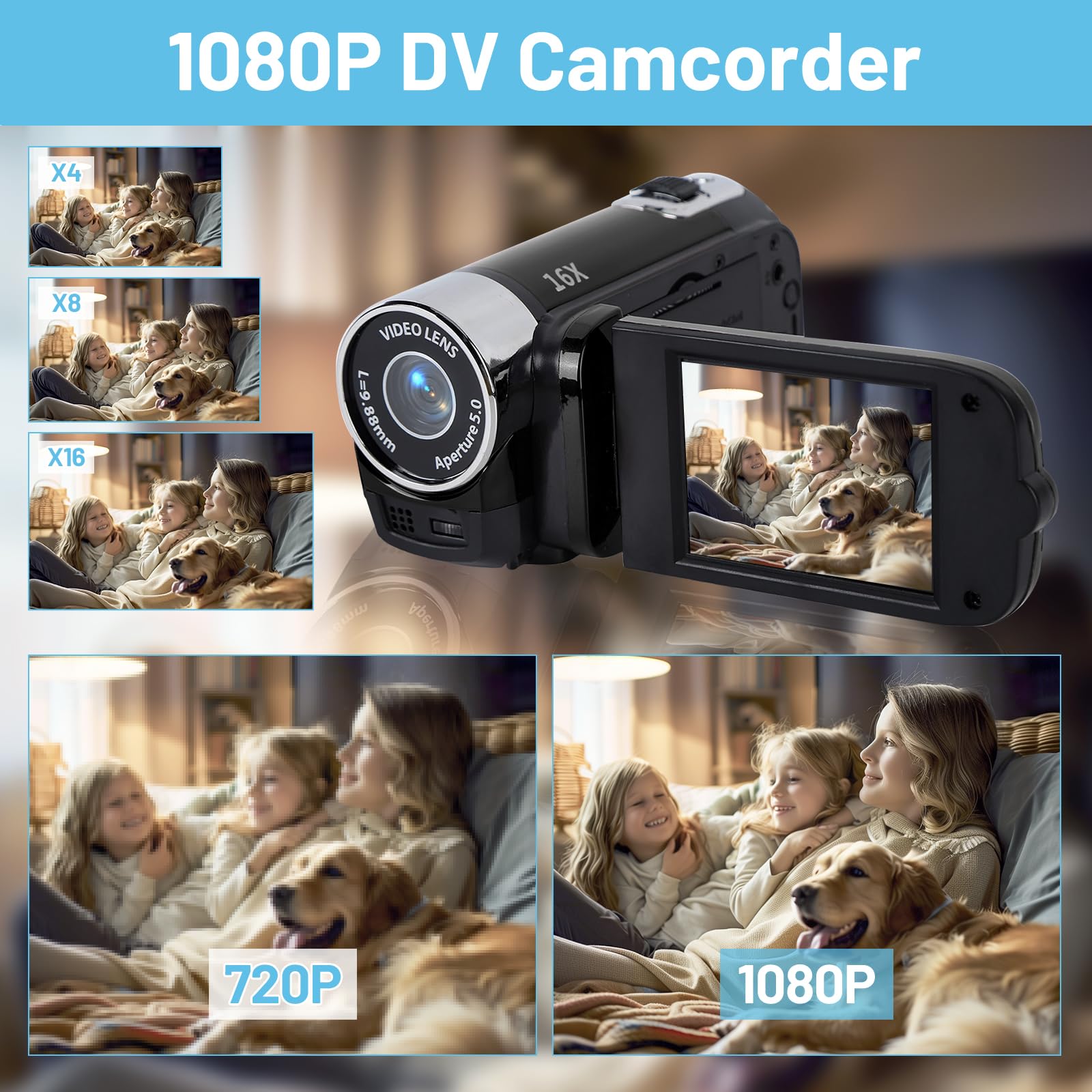 Videocamera Digitale VINGVO 4K – Zoom 16x, Schermo 2.7” Orientabile 270°, 48MP, Con Batteria 1020mAh E Luce LED, Per Vlog E Viaggi