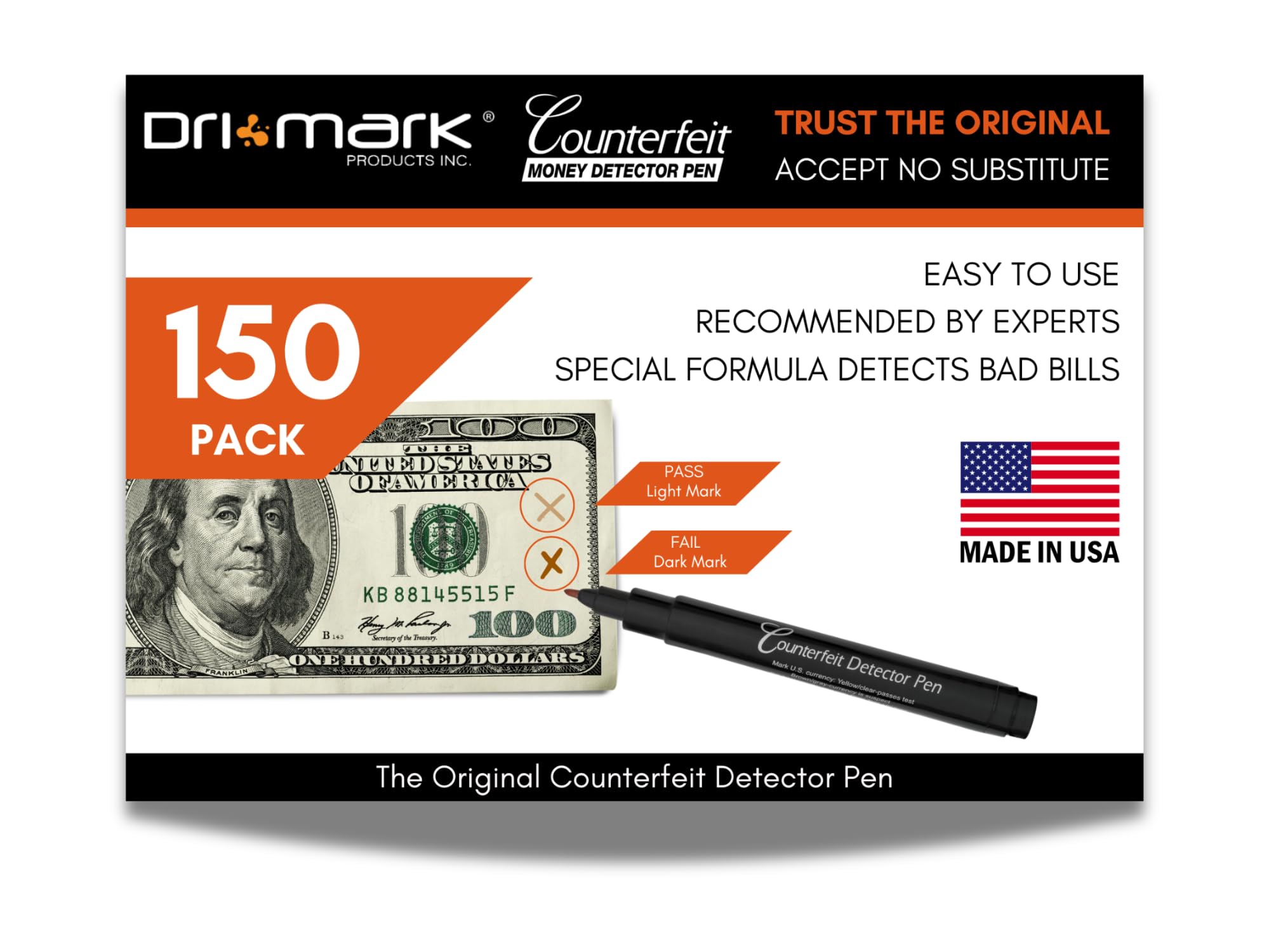 Dri Mark150 Pack Counterfeit Bill Detector Marker Pen, Made in The USA, 3 Times More Ink, Pocket Size, Fake Money Checker - Money Loss Prevention Tester & Fraud Protection for U.S. Currency