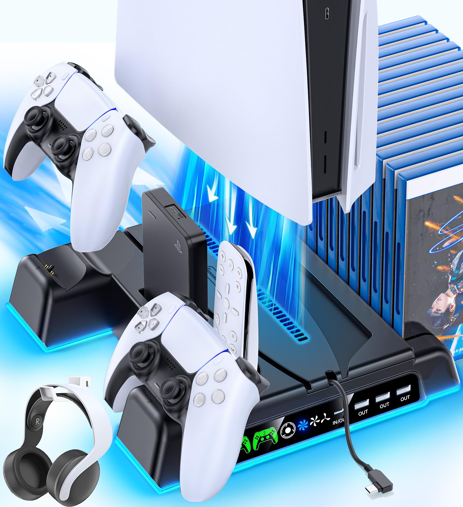 PS5 Slim Pro Stand for Disc Digital Console PS 5 Cooling Station with Dual Controller Charging Station for