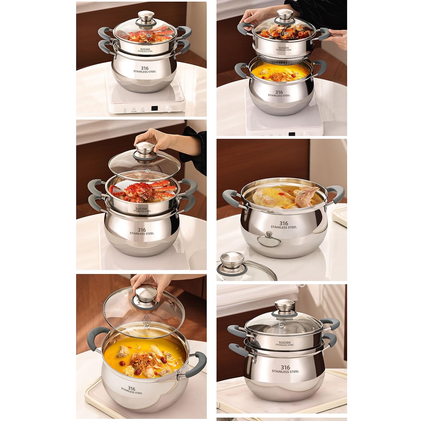 316 Stainless Steel Double Layer Stock Pot with Steamer Tray
