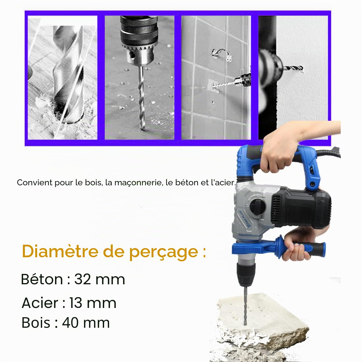 Perceuse à percussion filaire 1500W Marteau-perforateur électrique - Fonction Marteau et Foret 4 Modes - Guide de profondeur - Poignée latérale - Avec 12pcs Kit d'accessoires-Livrée en boite à outils