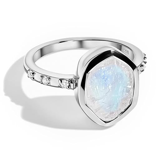Moon Magic | Authentic Amethyst, Rose Quartz, Aquamarine, Moonstone Rings for women | Real 925 Sterling Silver | 18K Rose Yellow Gold Raw Crystal Rings for Women | Genuine Jewelry - Silver Moonstone Ring - Hypnotic - 8