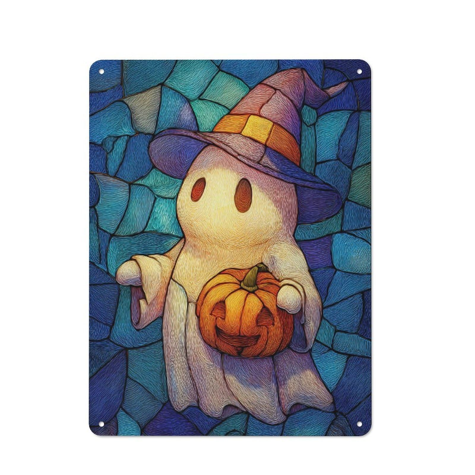 Junmoney Halloween Ghost With Pumpkin And Hat Retro Metal Wall Sign 40X30cm With For Café Or Home Bar, For Cooler-Season Styling In Café And Home Bar