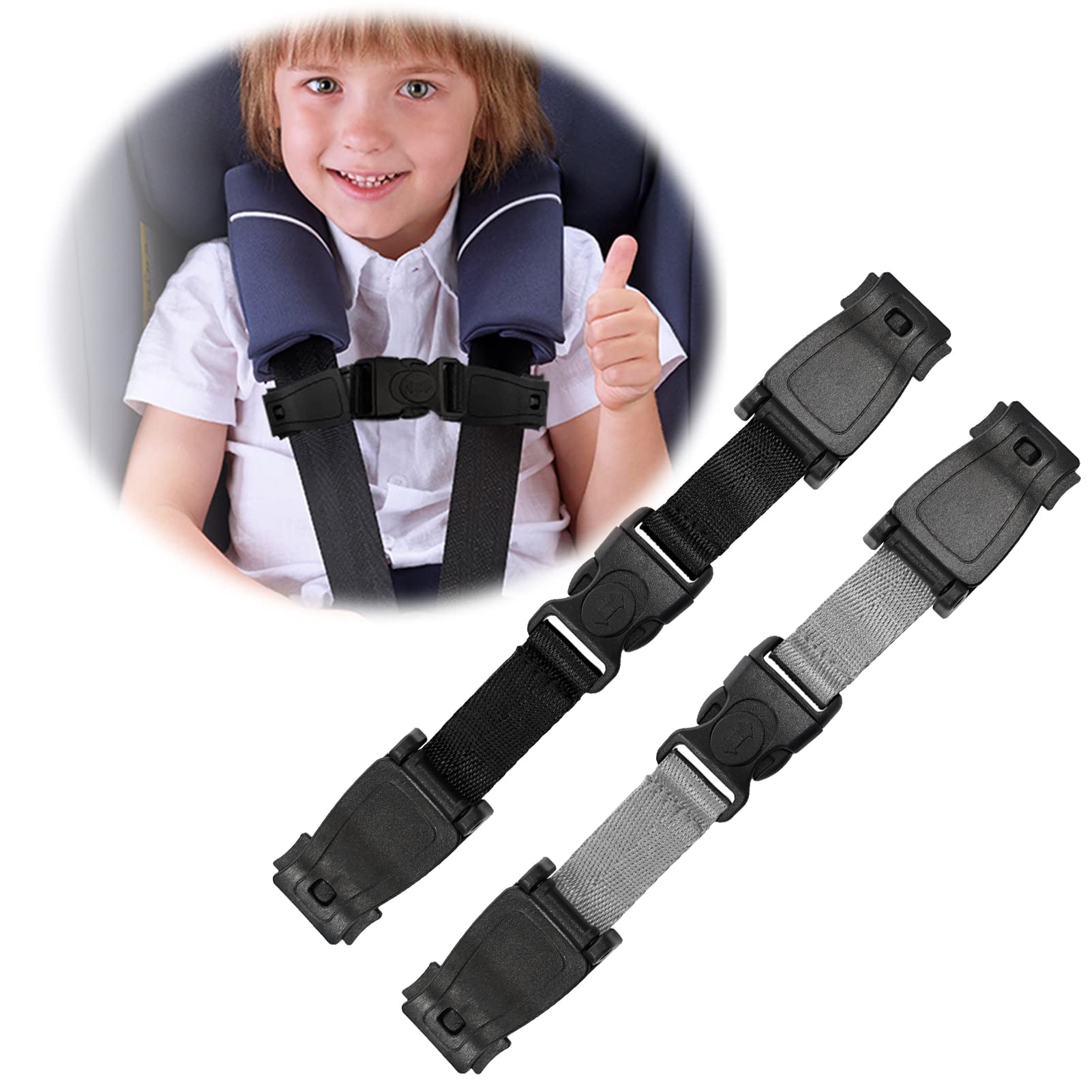 G Ganen 2-Pack Universal Child Chest Clip Anti-Slip Baby Chest Clip Guard Compatible with Seats, Strollers, High Chairs, schoolbags, Work with Harness Straps of Up to 1.5 Inches in Width.(Black+Grey)