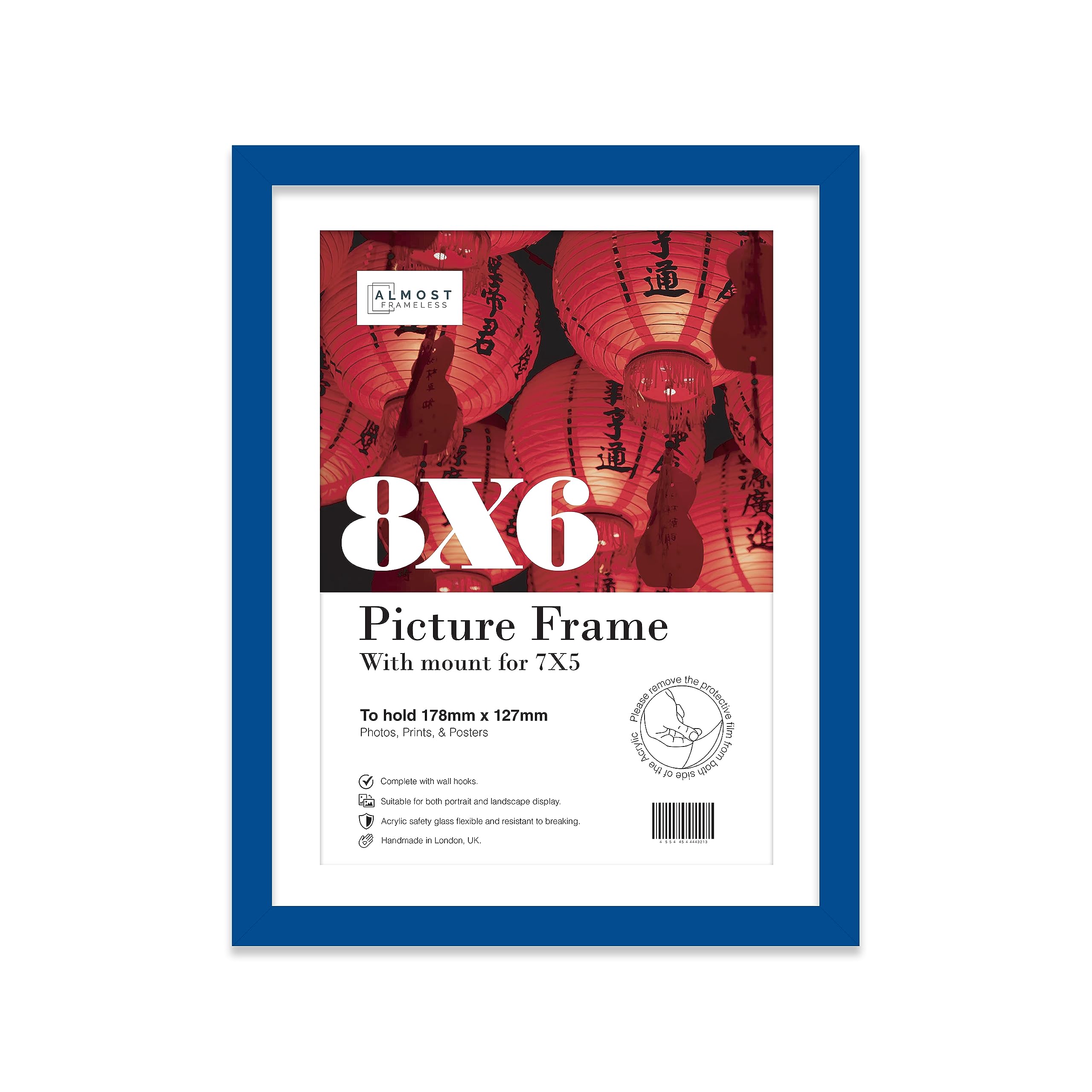 Almost Frameless 8x6 Blue Picture Frame With Mount for 7x5 Print, Poster or Photo Poster, Photo, Artwork, or Print. Thin Edge Slim Frame Portrait and Landscape Display with Wall Hooks