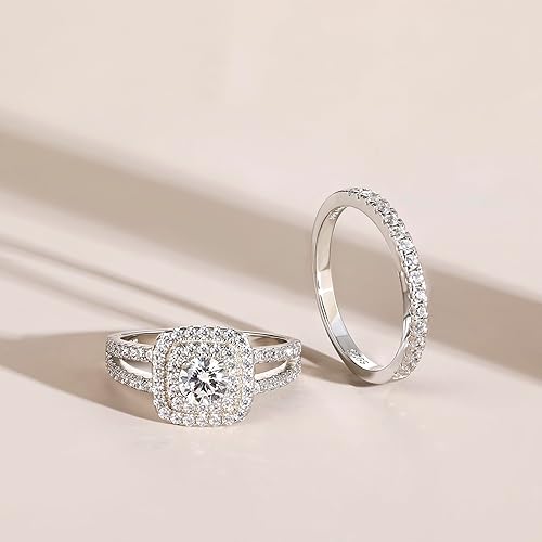 Miniatura 2 de 925 Sterling Silver Bridal Rings Sets for Women Halo Cubic Zirconia Engagement Ring Wedding Band Size 4-12.5