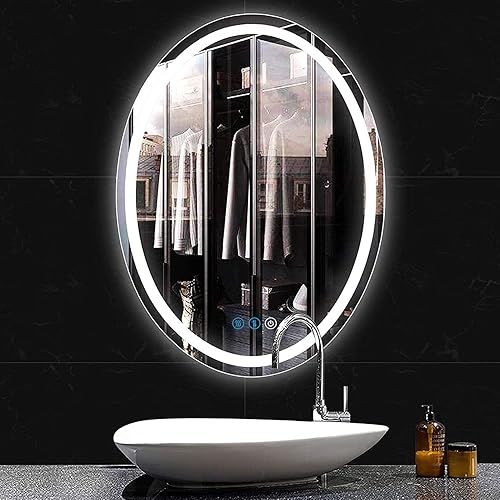 Miniatura 1 de Espejo de baño ovalado LED de 32 x 24 pulgadas con luces, memoria inteligente, 3 colores regulables, luz frontal, antiniebla, inastillable, vidrio