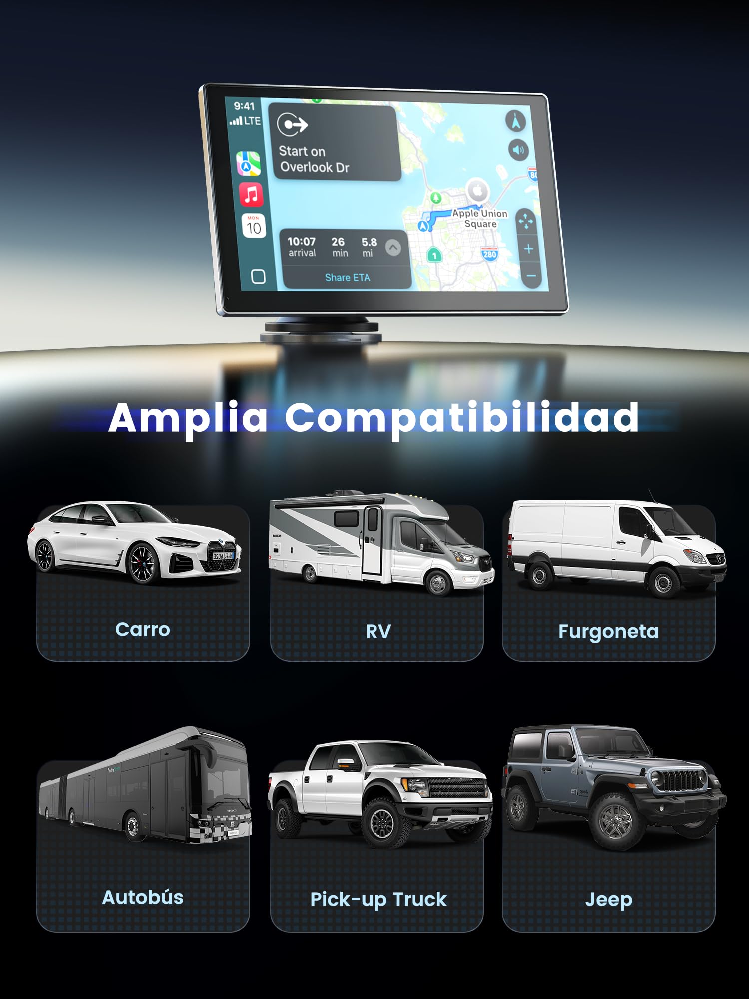 Carplay Auto, 9'' Schermo per Auto, Supporto CarPlay e Android Auto, Dash Cam 4K Integrata e Telecamera Posteriore 1080P, Navigazione GPS/Bluetooth 5.0/Controllo Vocale/Mirror Link/FM, SD 64GB Inclusa