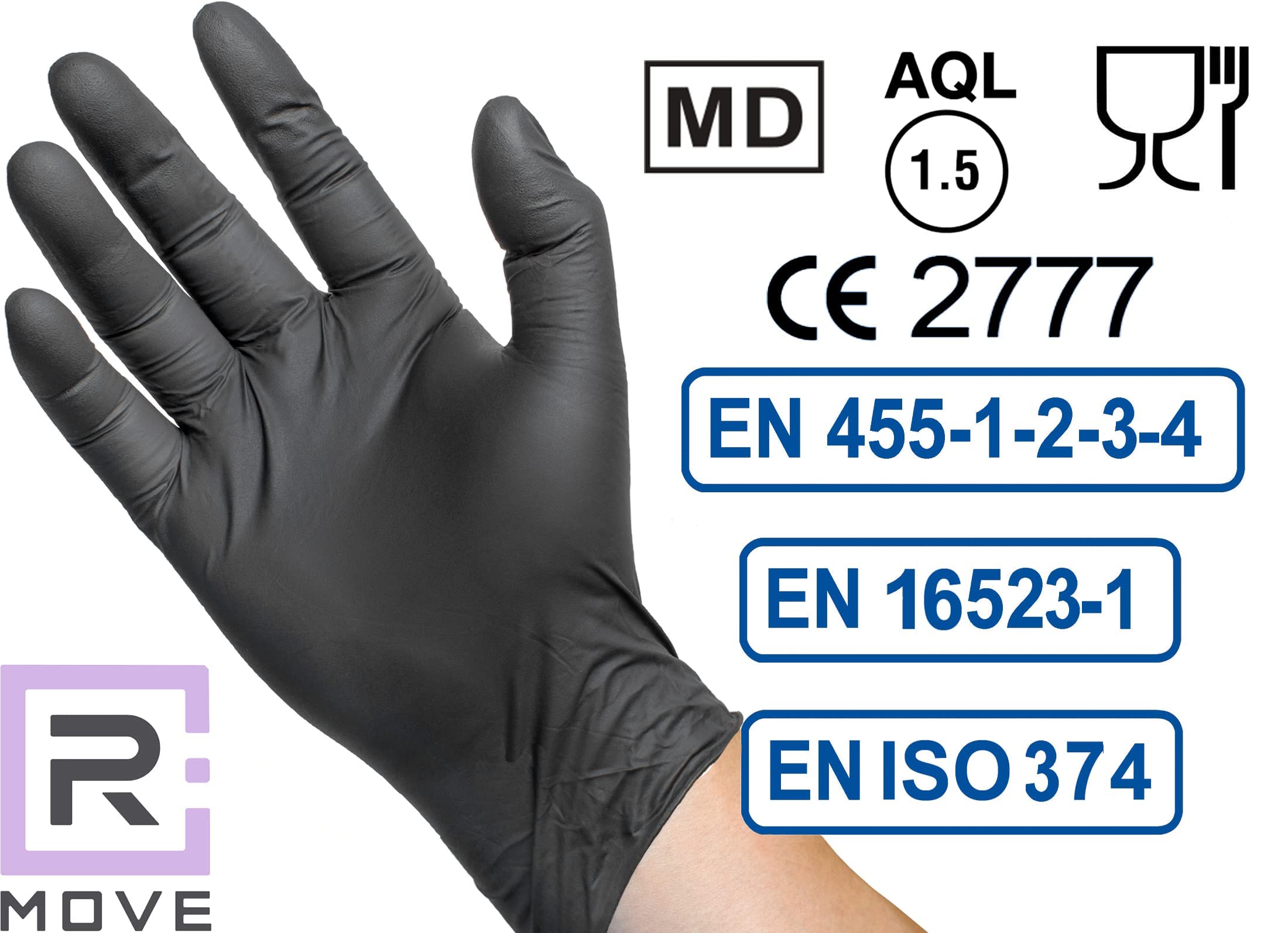 R MOVE 100 guanti in nitrile monouso neri M senza polvere, gloves ambidestri usa e getta per alimenti, non sterili, senza lattice, ipoallergenici - per ambiti medici, Estetisti, Tatuatori (M, Neri)