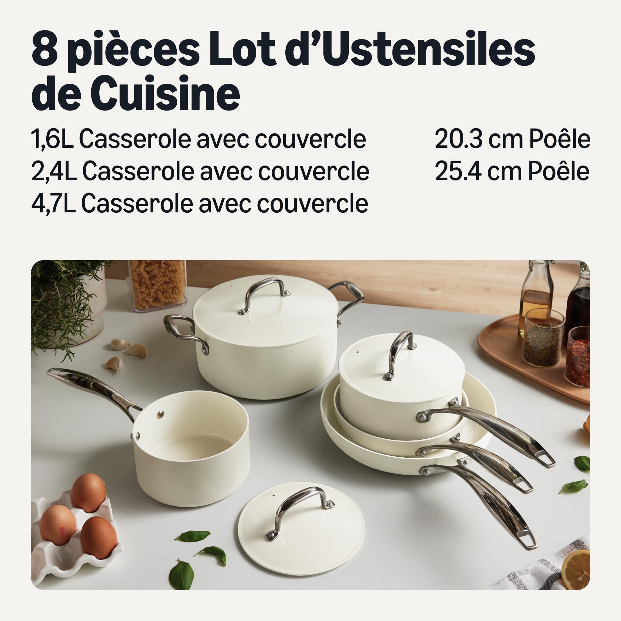 Amazon Basics Lot de 8 Casseroles et Poêles Antiadhésives en Céramique, Compatible Lave-Vaisselle et Four, Compatible Tous Feux, Couleur Ivoire