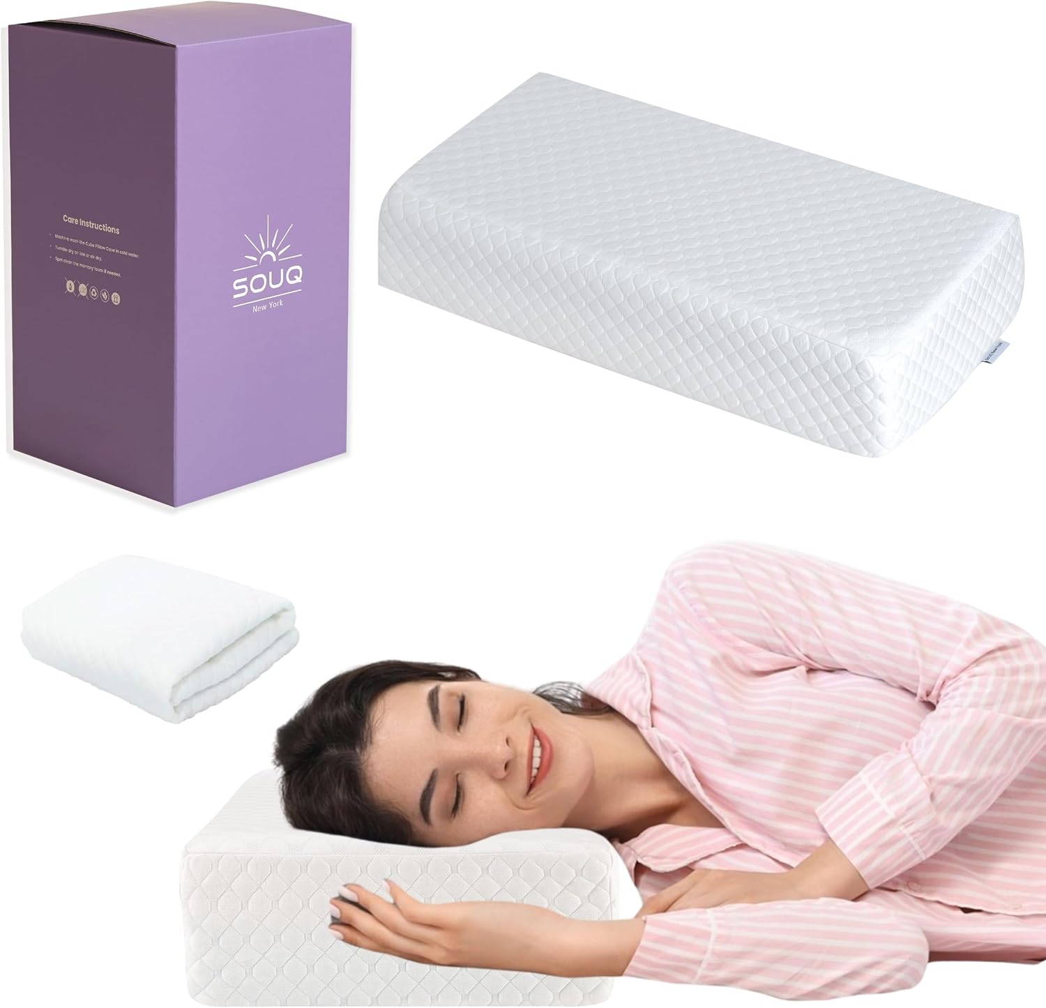 Cube Pillow - 24"x12"x5" Soft Memory Foam Pillows for Side Sleepers - Pain Relief for Neck & Shoulders- Included Extra Pillow Cover - White Square Pillow