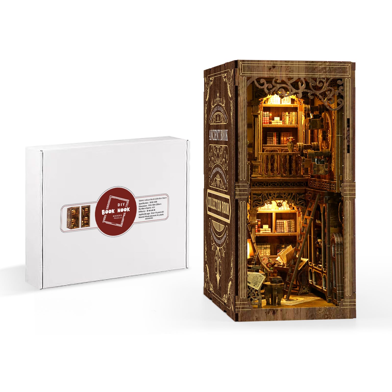 Book Nook Kit, Miniatura Sala Collezione Libri Antichi, puzzle in legno 3D fai da te con LED, set fai da te per adulti e ragazzi, Idea Regalo Creativa,decorazione per libreria