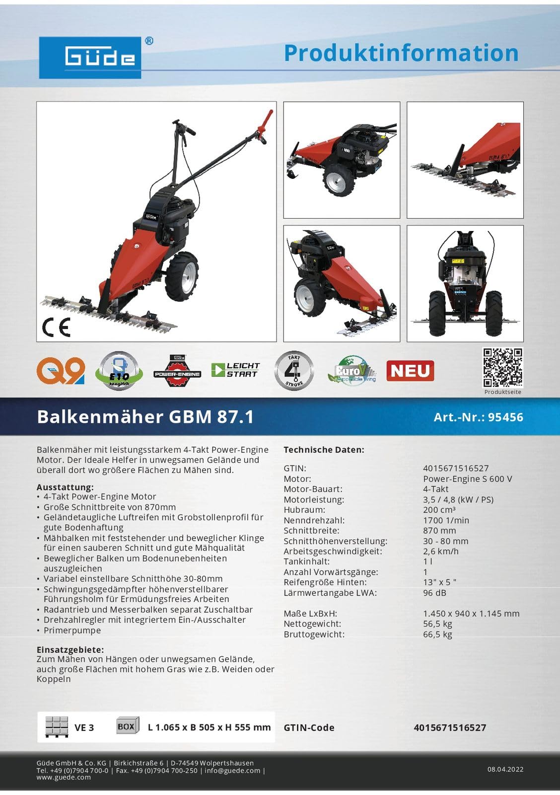 Güde GBM 87.1 Benzin Balkenmäher (Rasenmäher mit 3500 Watt, 87 cm Arbeitsbreite, Radantrieb) 95456