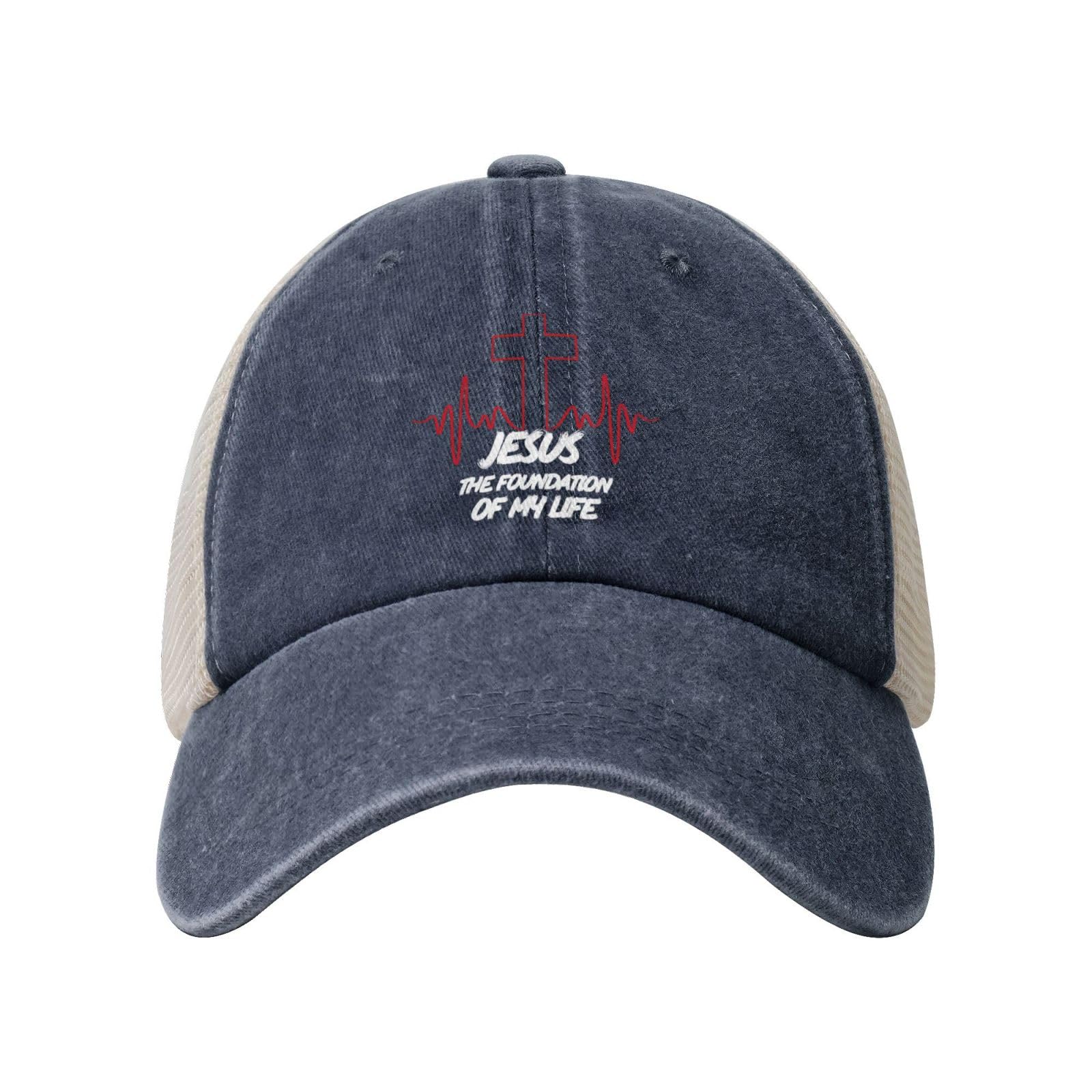 Haebfsl Christ Jesus is The Foundation of My Life Dad Hats for Men Women Cowboy Mesh Trucker Hat Baseball Cap,Navy Blue