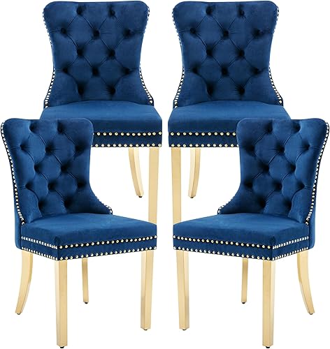 Miniatura 102 de Juego de 2 sillas de comedor, sillas de terciopelo copetudas con patas de acero inoxidable doradas, anillo de metal con ribete de remache, respaldo