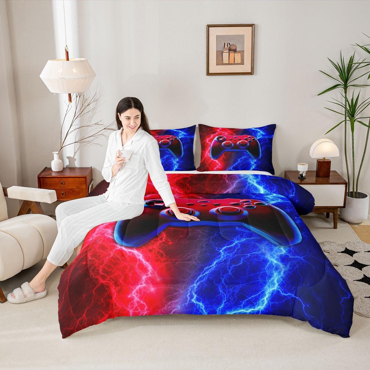 Manfei Video Games Comforter Set Full Size, Red-Blue Lightnings Gamepad Bedding Set 3pcs for Kids Boys Teens Room Decor, Modern Gamer Down Comforter