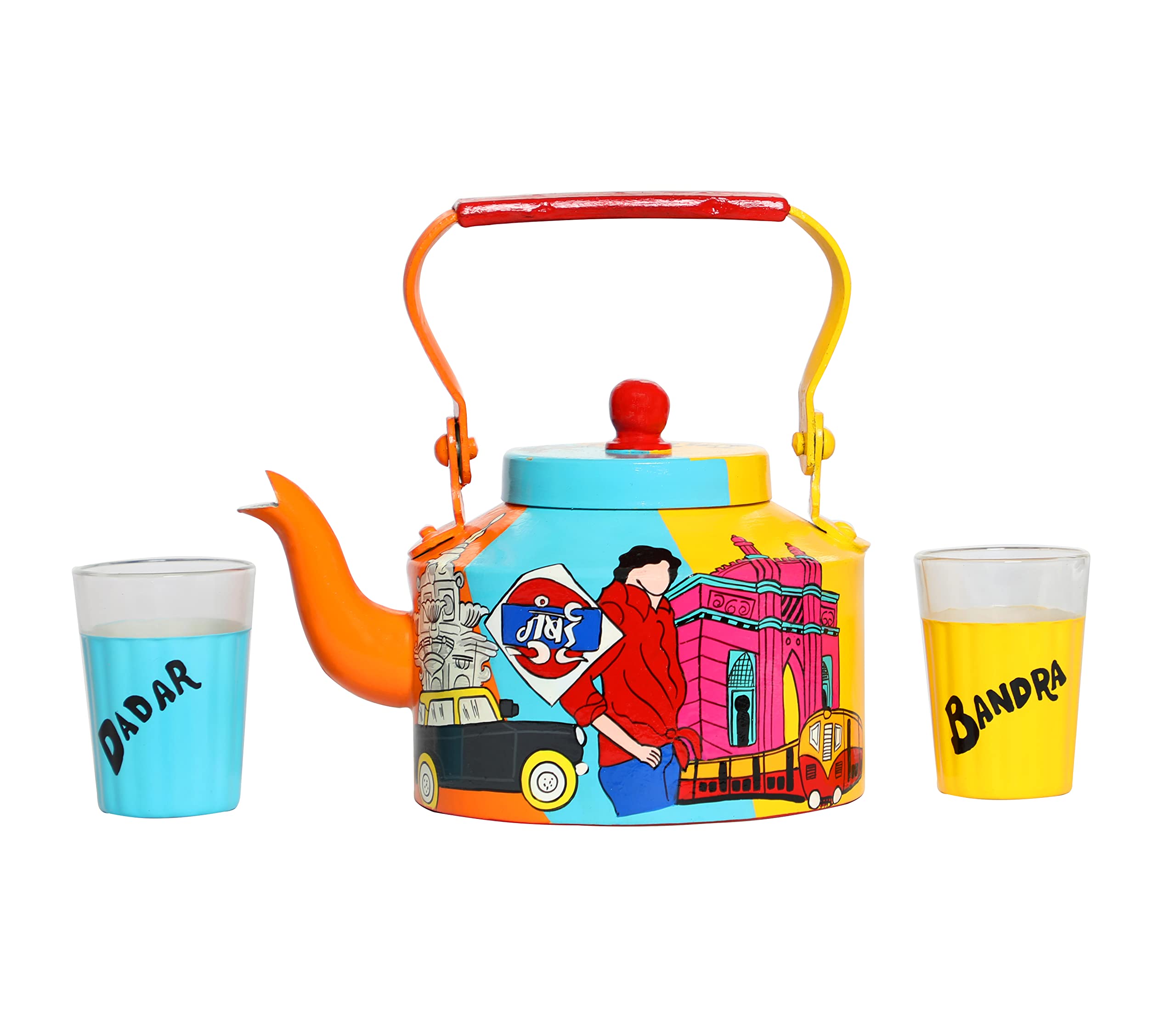 TopsyTurvy Aluminium Kettle and 2 Tea Glasses (Multicolour) - Set of 2