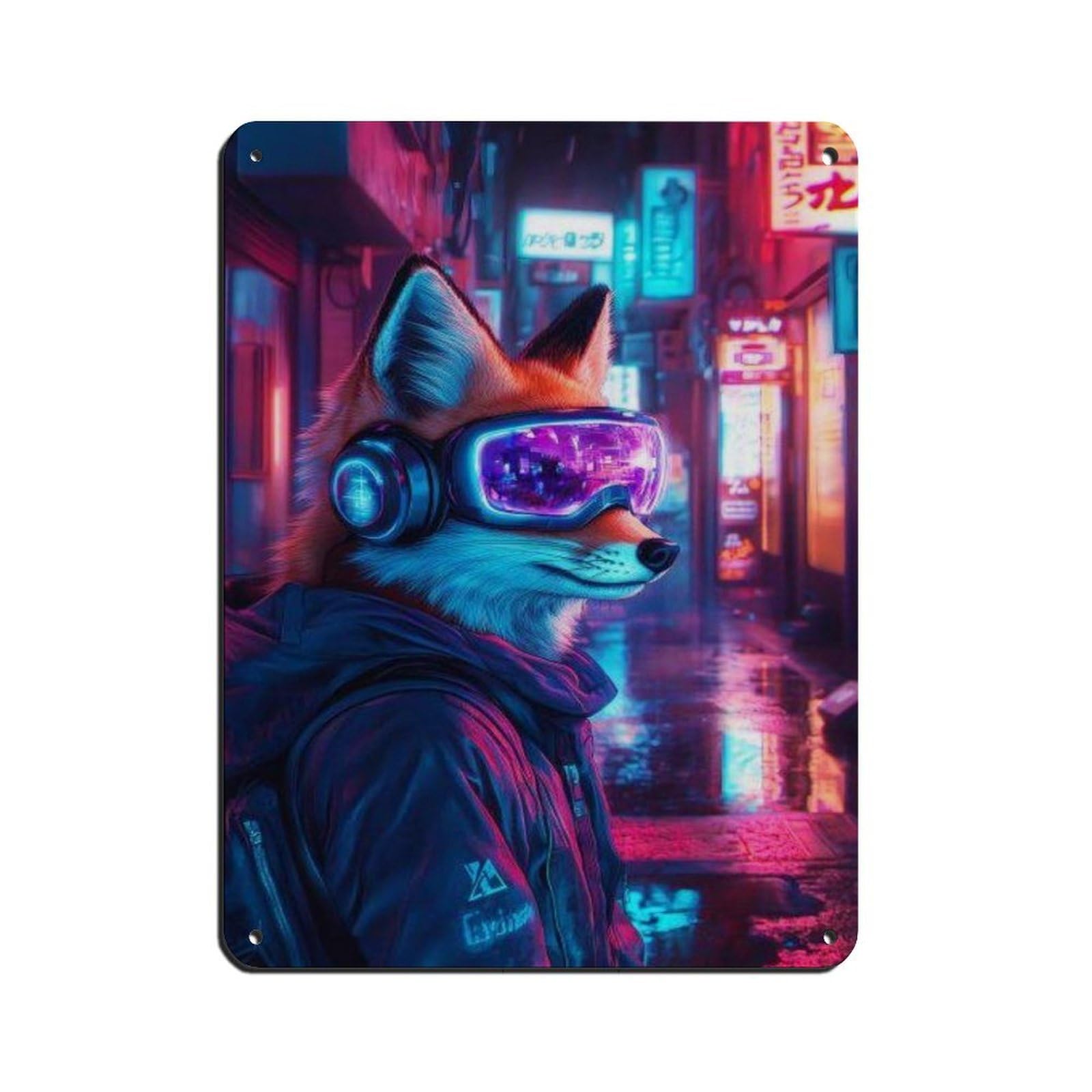 Futuristic Cyberpunk Fox, Neon Cityscape Decor Retro Poster Metal Tin Sign Chic Art Retro Iron Painting Bar People Cave Cafe Family Garage Poster Wall Decoration 12x16inch(30x40cm)