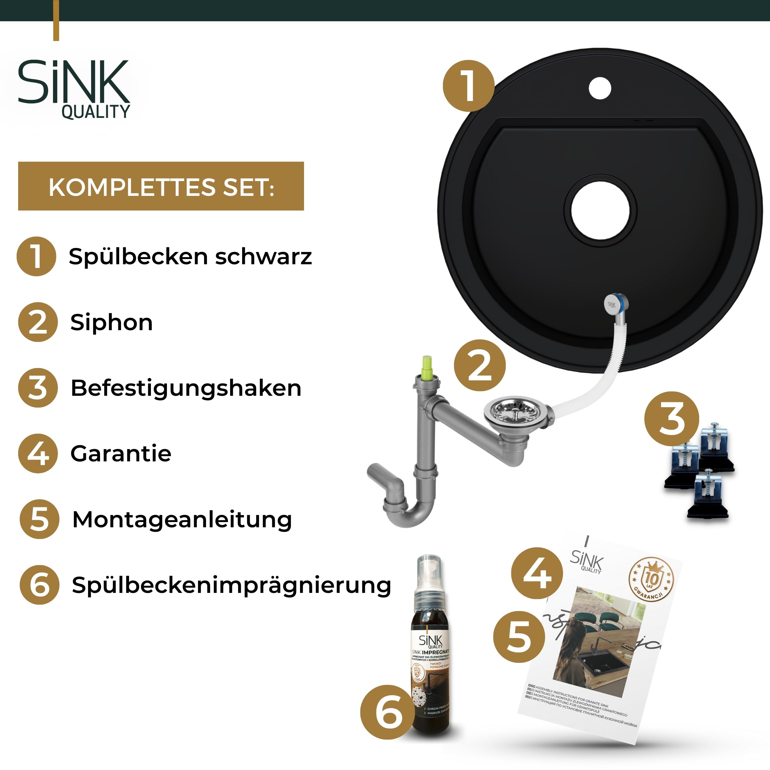 SINK QUALITY zlewozmywak okrągły, czarny, Ø 51 cm, syfon i impregnacja w zestawie, okrągły zlewozmywak z granitu, czarny do szafek dolnych o szerokości 55 cm, zlewozmywak do zabudowy granitowy