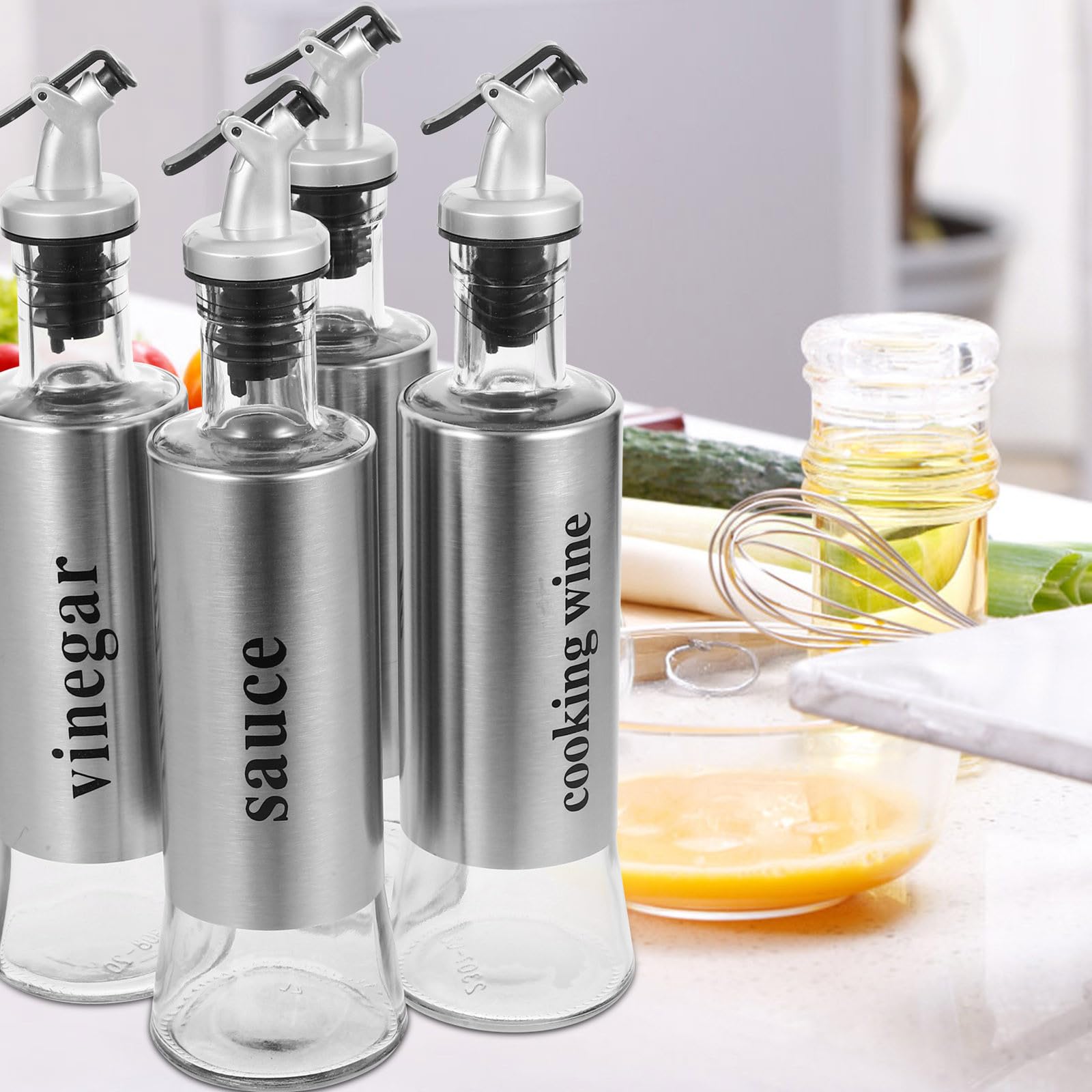 Dispenser e Aceto in Inossidabile in Vetro Set 4 Beccuccio Antigoccia da 300ml per Ristoranti e Domestico