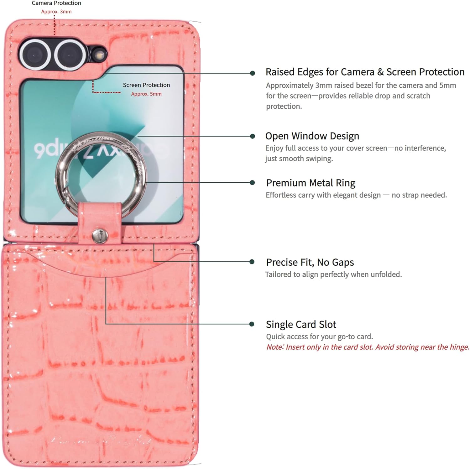 BonAtti Z Flip 6 Case – Compatible with Galaxy Z Flip 6, Premium Genuine Leather with Crocodile Texture, Ring Holder, Card Slot, Hinge Protection – Slim & Stylish Protective Cover(Coral Pink)
