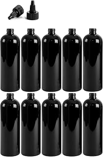 16 Ounce Cosmo Round Bottles, PET Plastic Empty Refillable BPA-Free, with Black Twist Top Caps (Pack of 10) (Black)